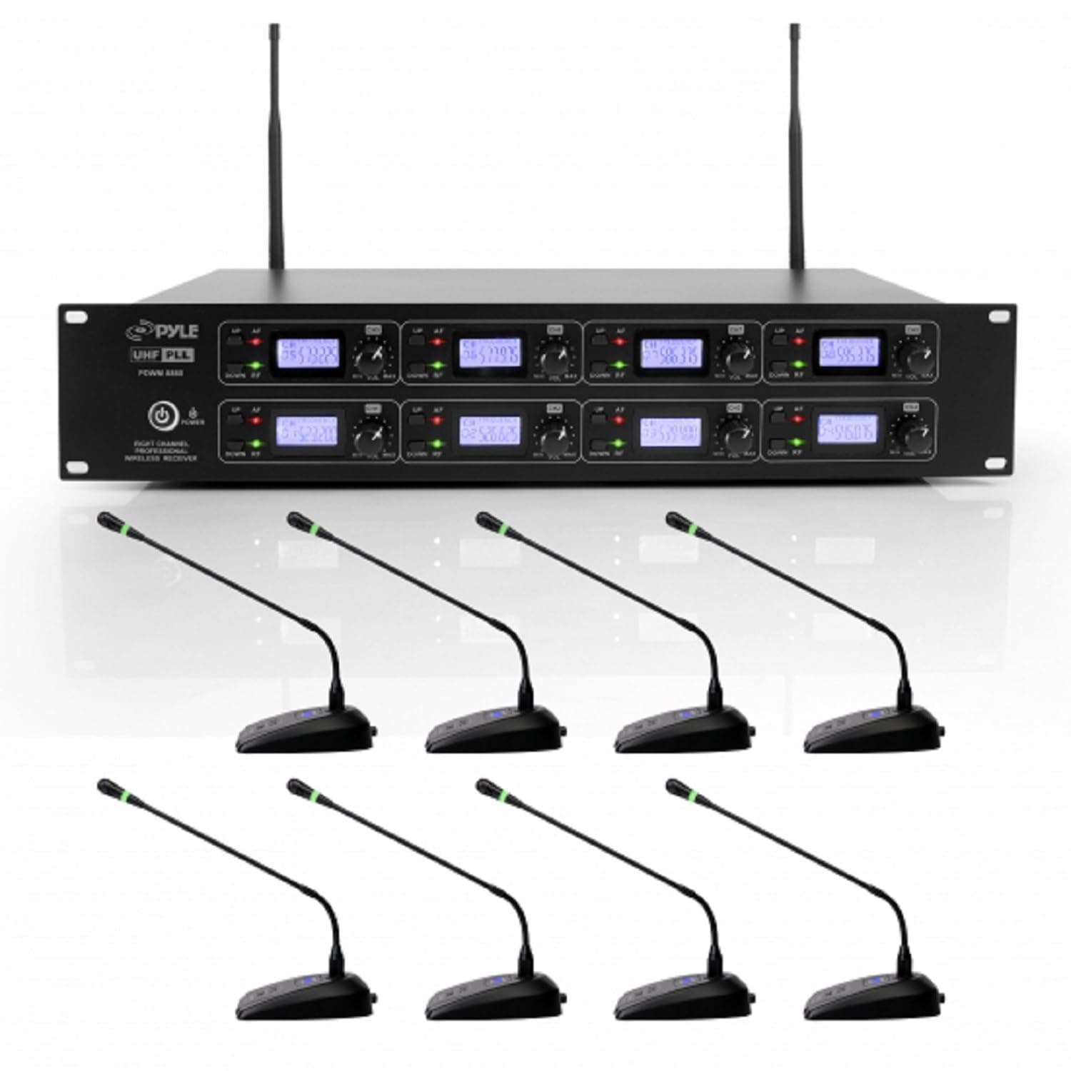 Pyle 8 Channel Conference Microphone System - UHF Desktop, Table Meeting Wireless Microphones & Receiver w/ 8 Gooseneck Mics, Rack Mountable & LED Audio Signal Indicator Lights PDWM8880