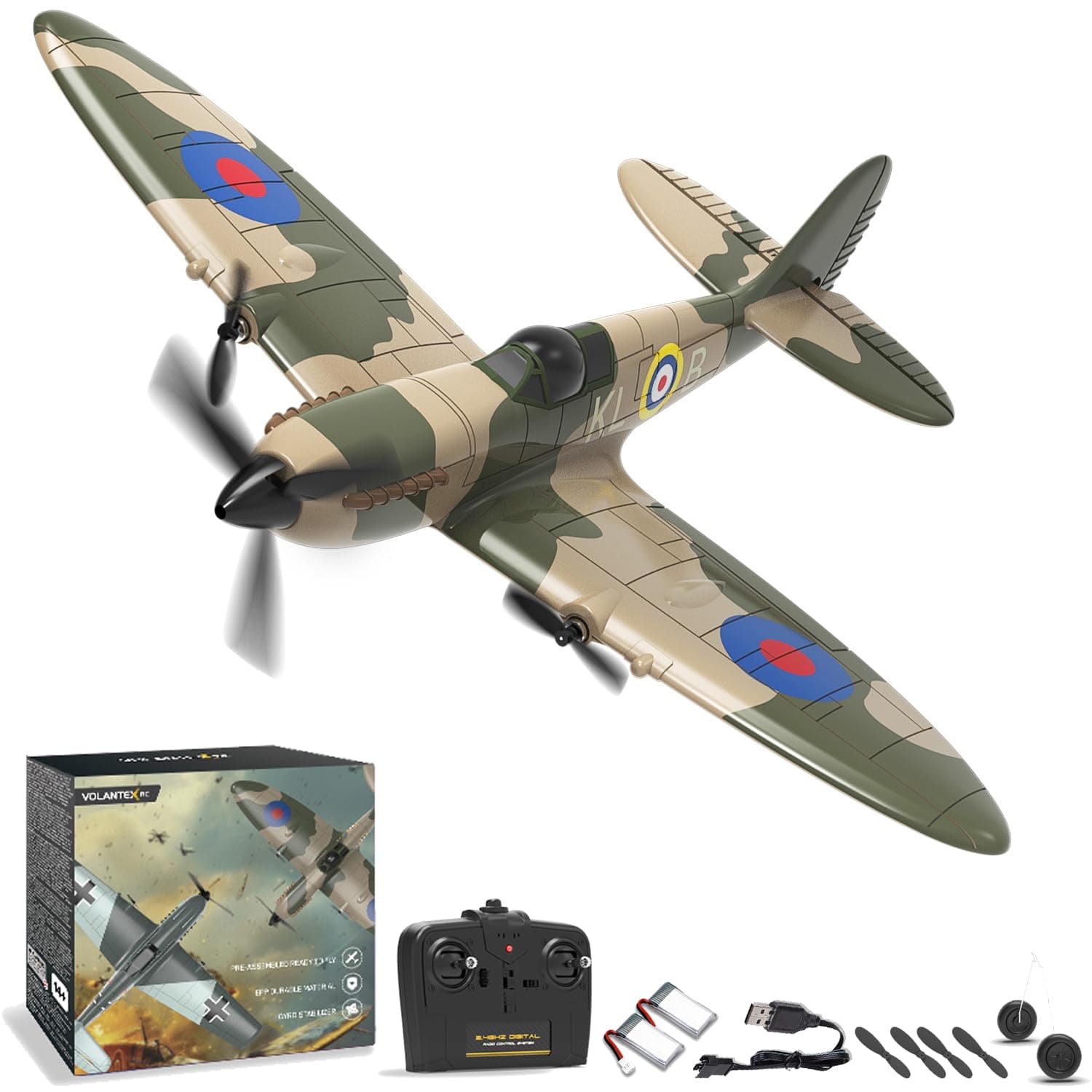 VOLANTEXRC RC Plane 3 Channel Remote Control Plane Fighter Spitfire with 6-axis Gyro, 2.4GHz RTF Radio Controlled Aircraft Easy to Fly for Beginners Boys Adults Kids (76205 RTF)