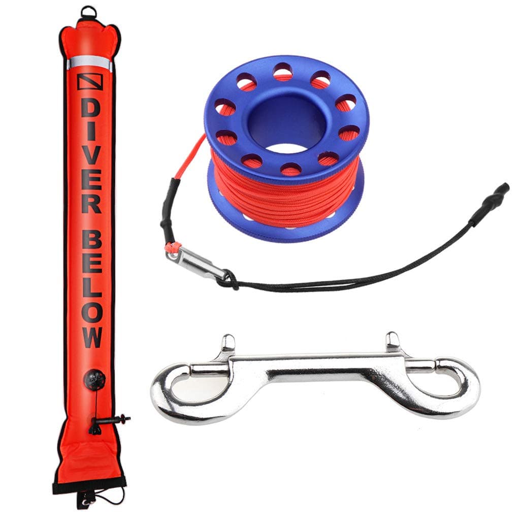 Seafard4ft Red Scuba Diving Open Bottom Surface Marker Buoy (SMB) with 49ft Finger Spool Alloy Dive Reel and Double Ended Bolt Clip - Blue