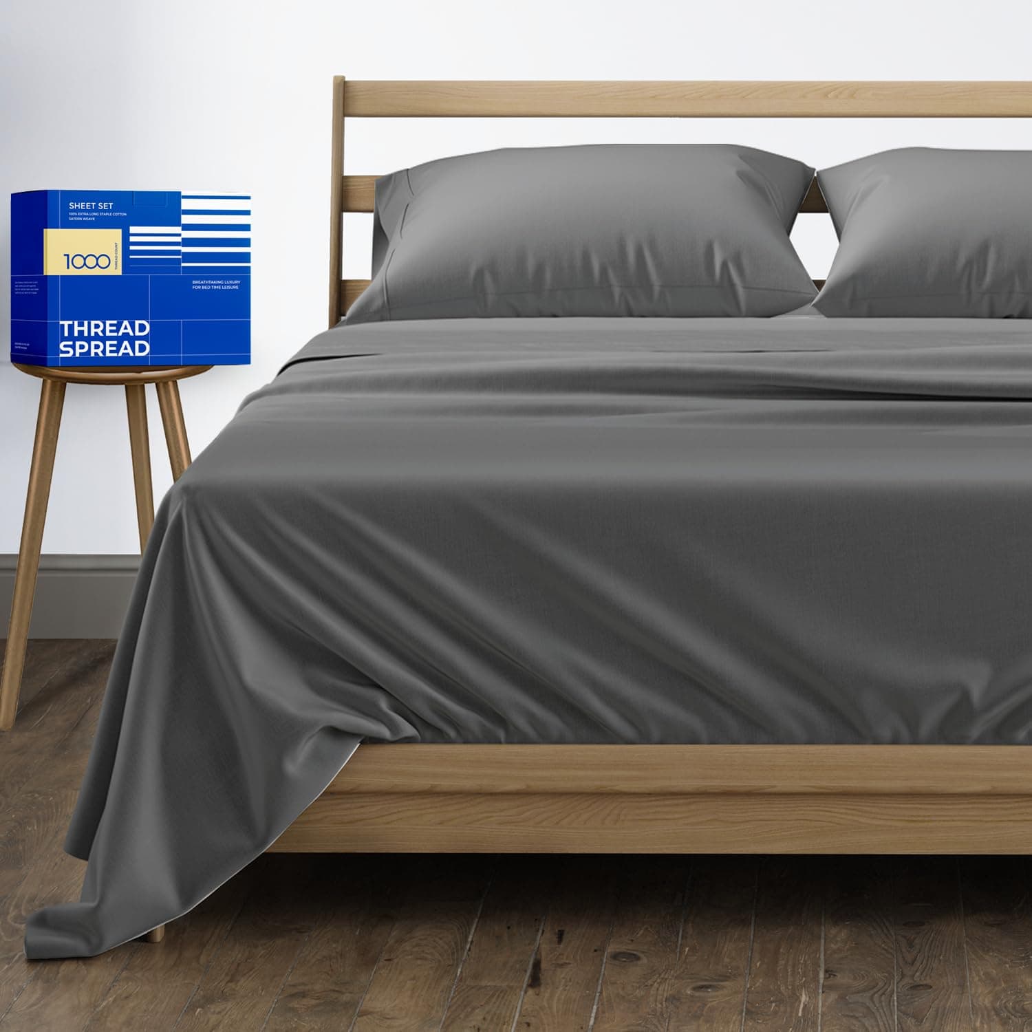 THREAD SPREAD 100% Egyptian Cotton Sheets California King Size - 1000 High Thread Count, Luxury 5-Star Hotel 4 PC Sateen Dark Grey Cali King Sheets, Extra Long Staple 16" Deep Pocket Bed Sheet SetsOEKO-TEX STANDARD 100