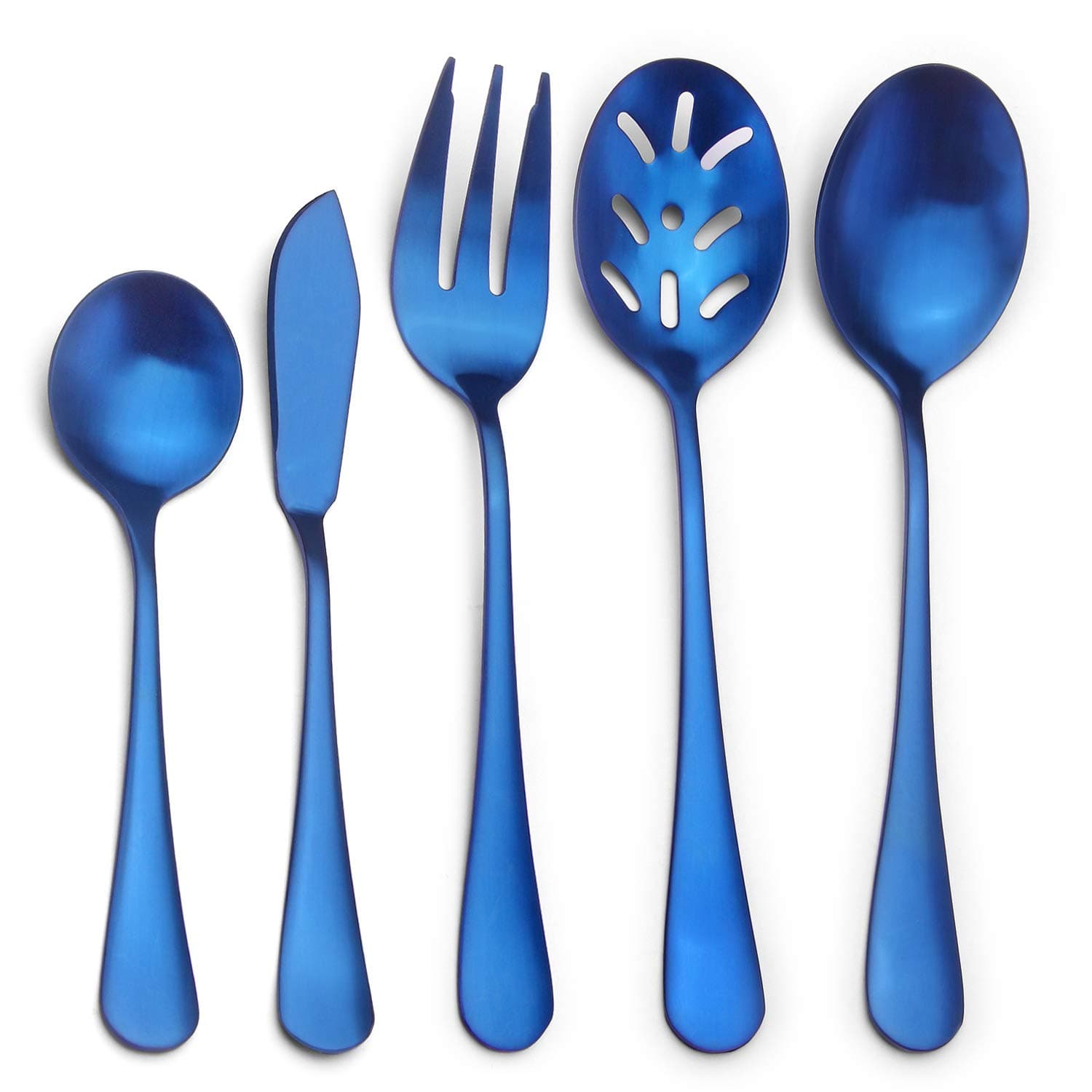 Matte Blue Serving Set, SHARECOOK 5-Piece 18/0 Stainless Steel Large Hostess Set with Round Edge, Satin Finished, Dishwasher Safe -Spoons, Forks,Butter Knife& Slotted Spoon