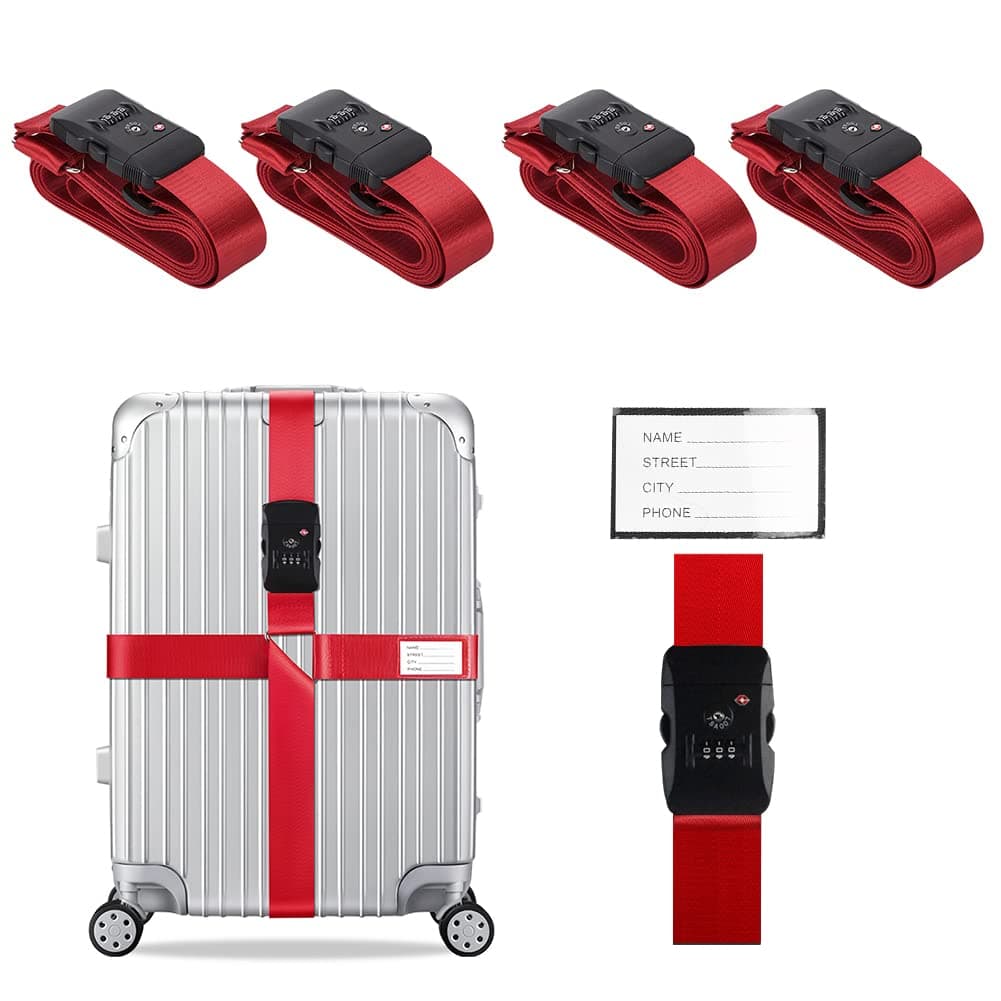 Veki Cross Luggage Straps Set TSA Approved with Lock Adjustable Travel Suitcase Belts Suitcase Tags with Name ID Card Packing Straps for Suitcases Strap Travel Accessories (Red*4pcs)
