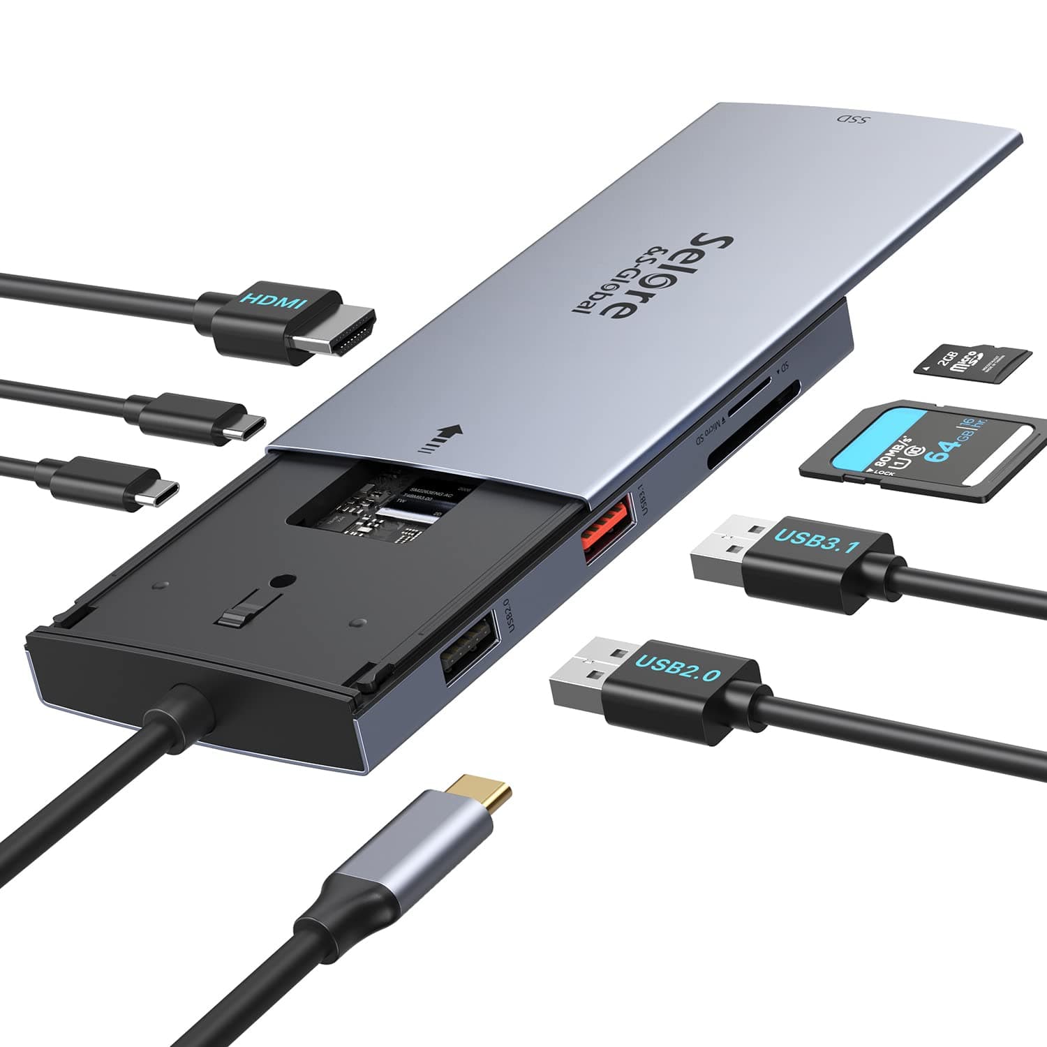 USB-C Hub with M.2 NVMe SSD Enclosure, 7-in-1 Docking Station Hybrid Type-C Multiport Adapter Fits 10 Gbps USB 3.1, 100W Power Delivery, 4K HDMI 60Hz, USB2.0, SD/TF Card Readers for Windows, Mac OS