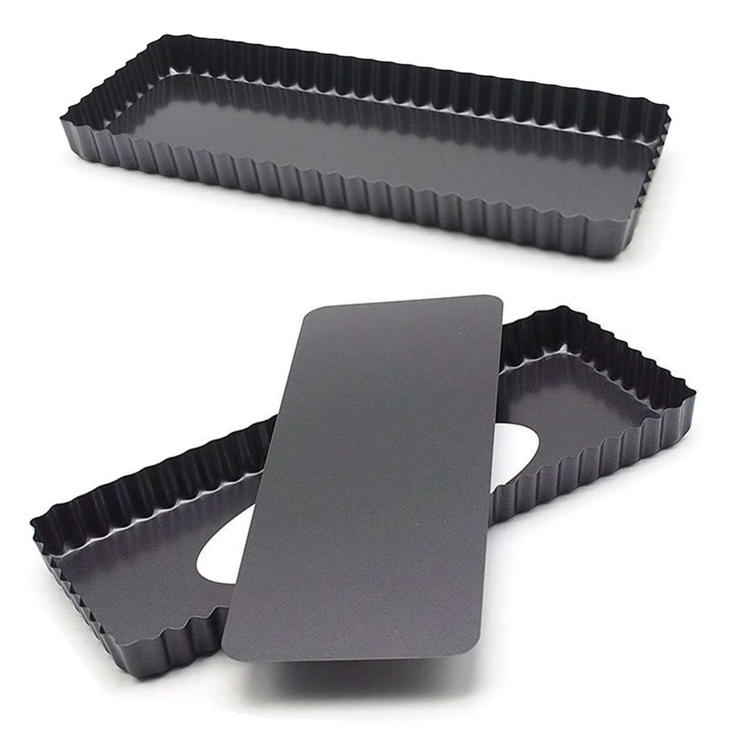 14.4" x 5.9" Non-Stick Rectangle Tart Quiche Pie Pan with Removable Loose Bottom - Pack of 2, Black