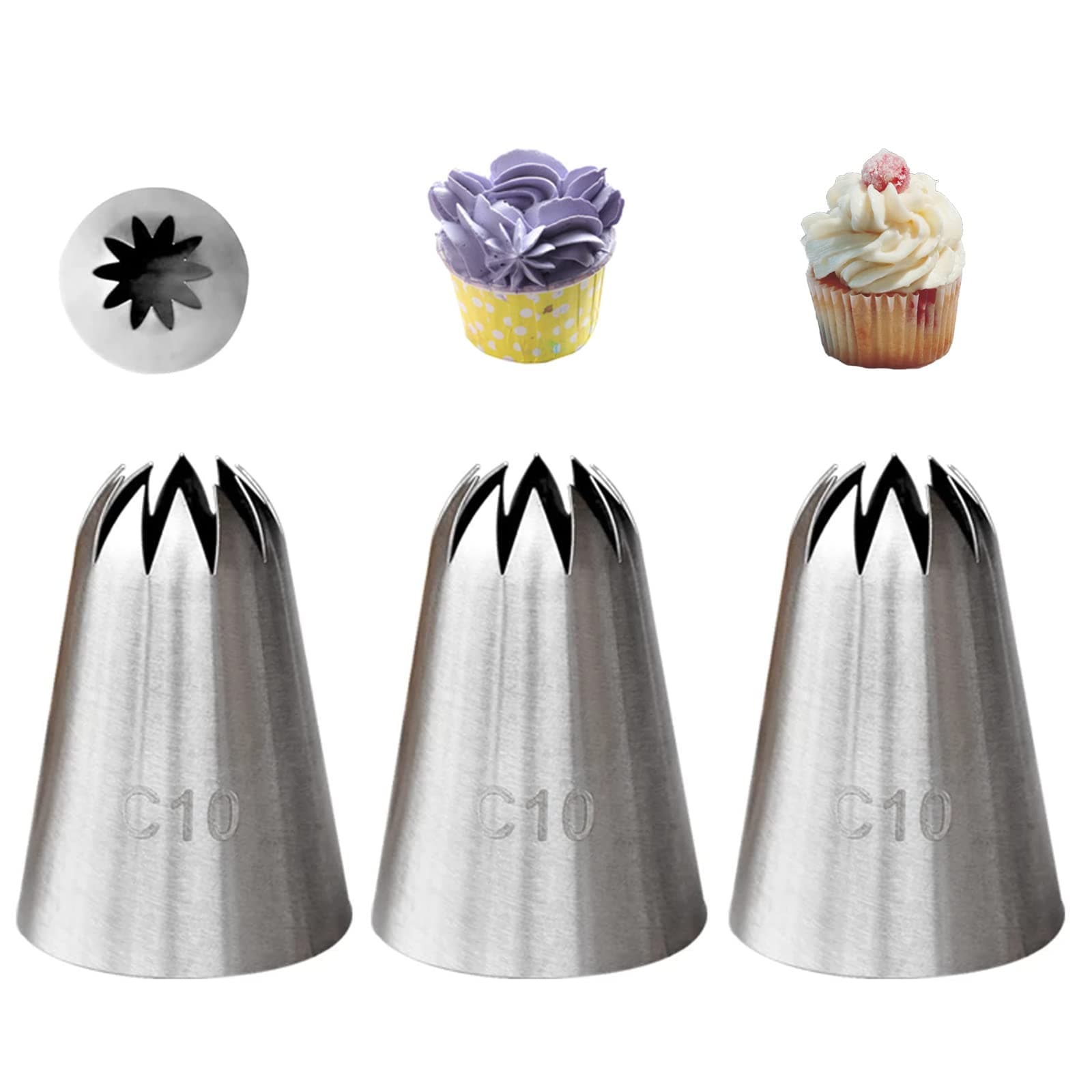 Large Closed Star Piping Tip C10,Cake Decorating Tip for Churros,Meringue,Shells,Stars,Rosettes,Flower,3 Pcs