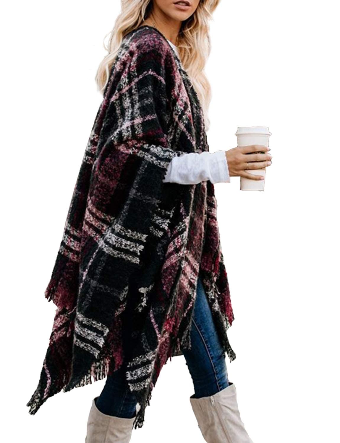 Women's Boho Open Front Poncho Knitted Plaid Shawl Wrap Cape Tassel Cardigan Sweater