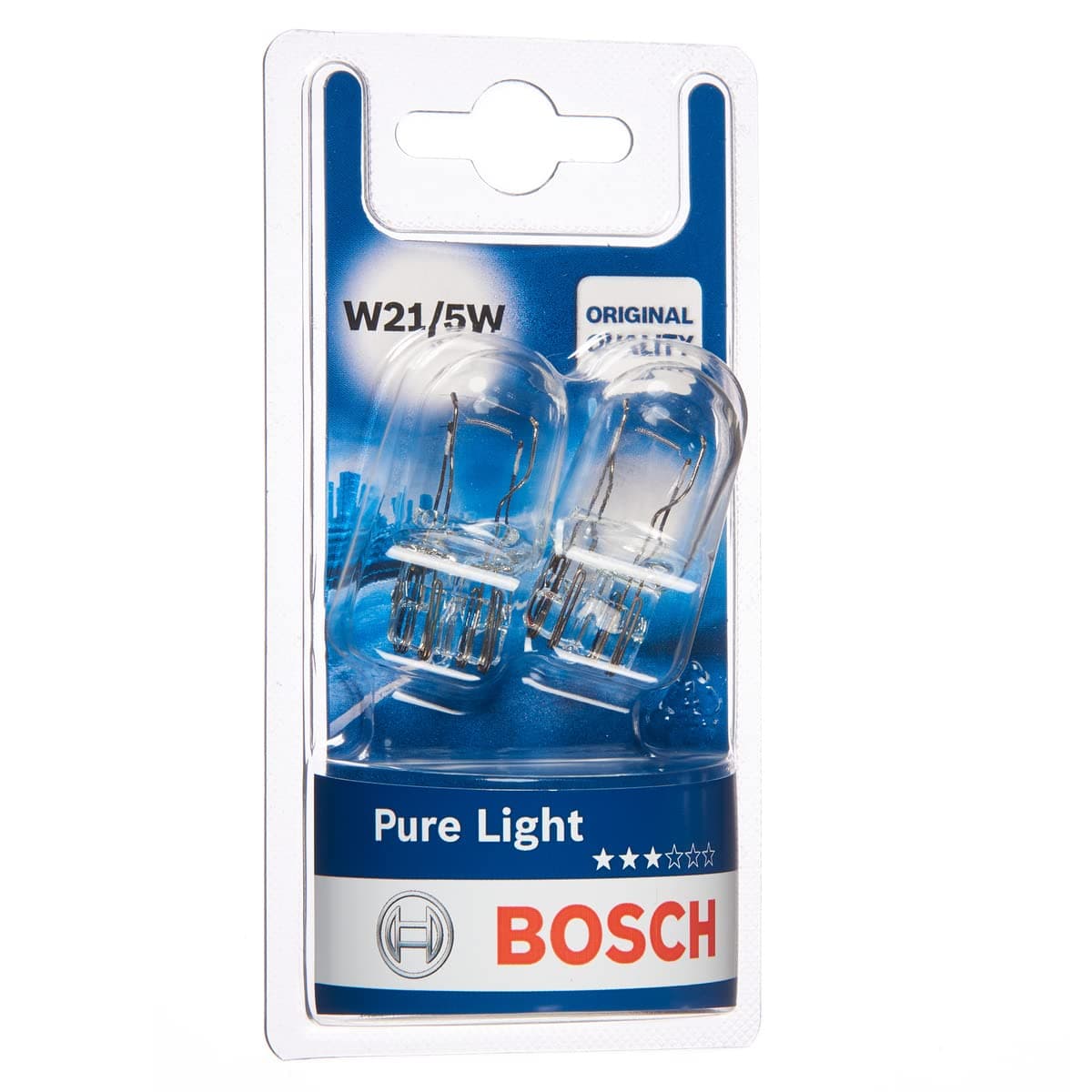 Bosch W21/5W (580) Pure Light Halogen Headlight Bulbs, 12 V 21/5 W, Original Quality - Socket Type W3x16q - Pack of 2 Replacement Car Light Bulbs
