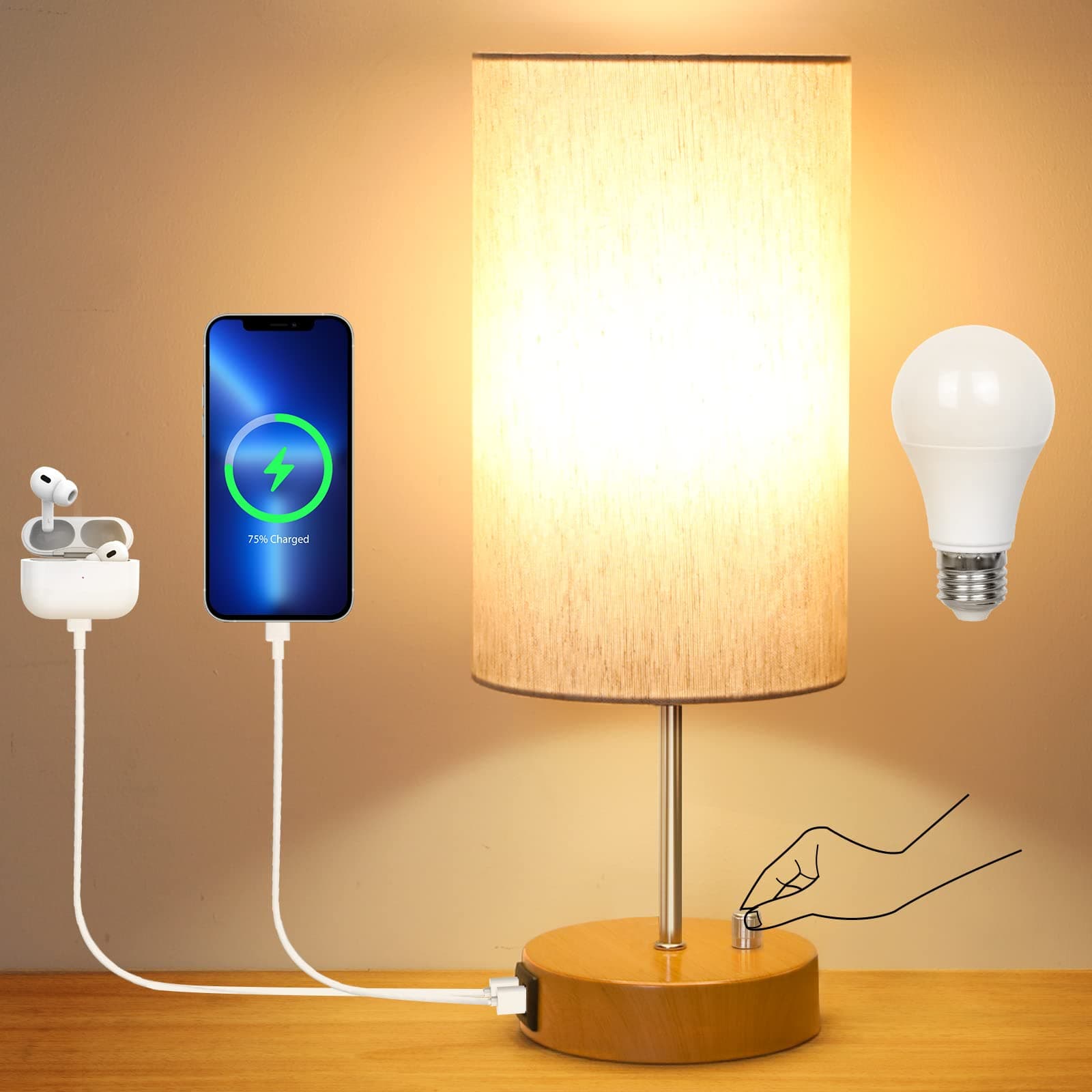 Ufanore Table Lamp Bedroom, Bedside Lamp with Rotary Switch, Dimmable Nightstand Light for Living Room & Home Office & Bed Side Table, Round Flaxen Fabric Shade & LED Bulb Included