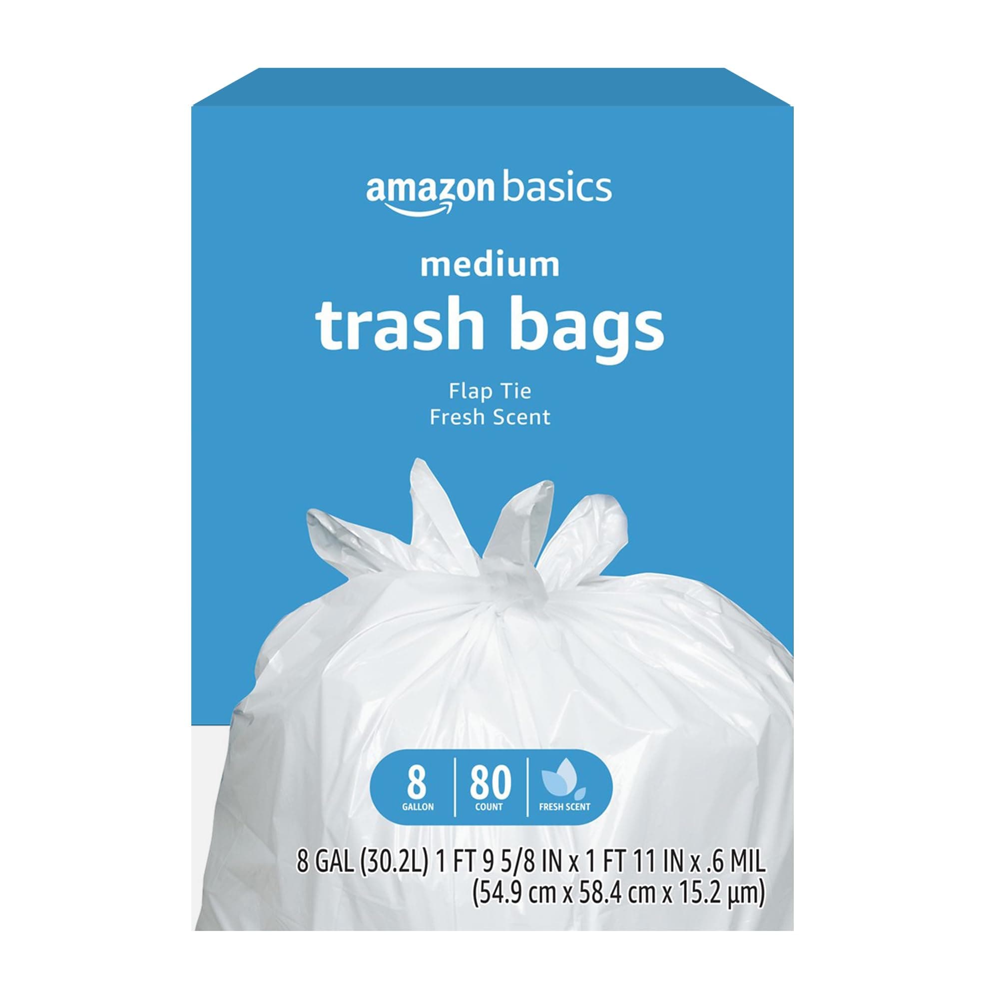Amazon Basics 8 Gallon Flap Tie Trash Bags, Fresh Scent, 80 Count
