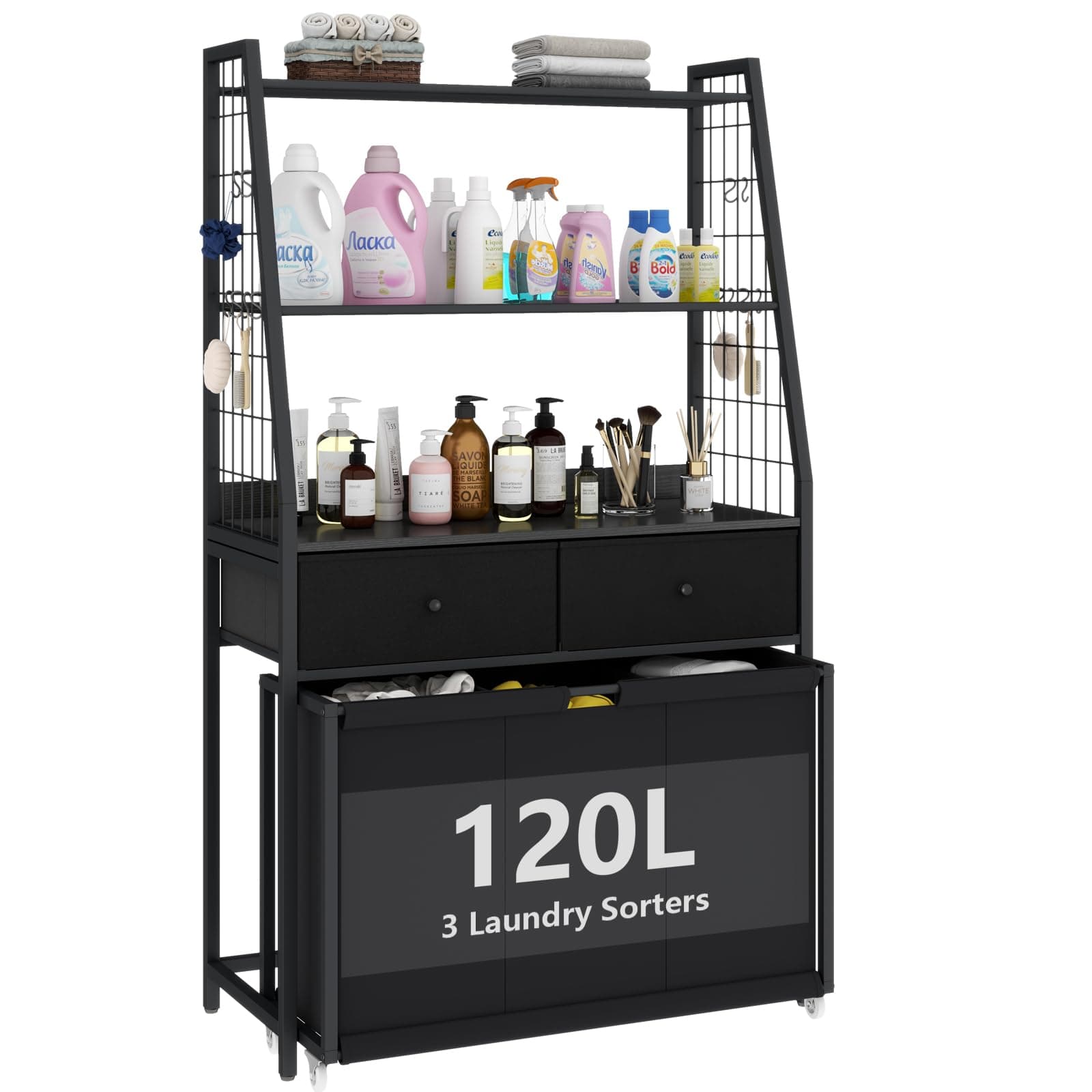 Laundry Hamper Laundry Basket with 3 Section Pull-Out Rolling Bags & 2-Tier Storage Shelf, Laundry Sorter for Organization and Storage with 2 Drawers for Laundry Room, Bathroom