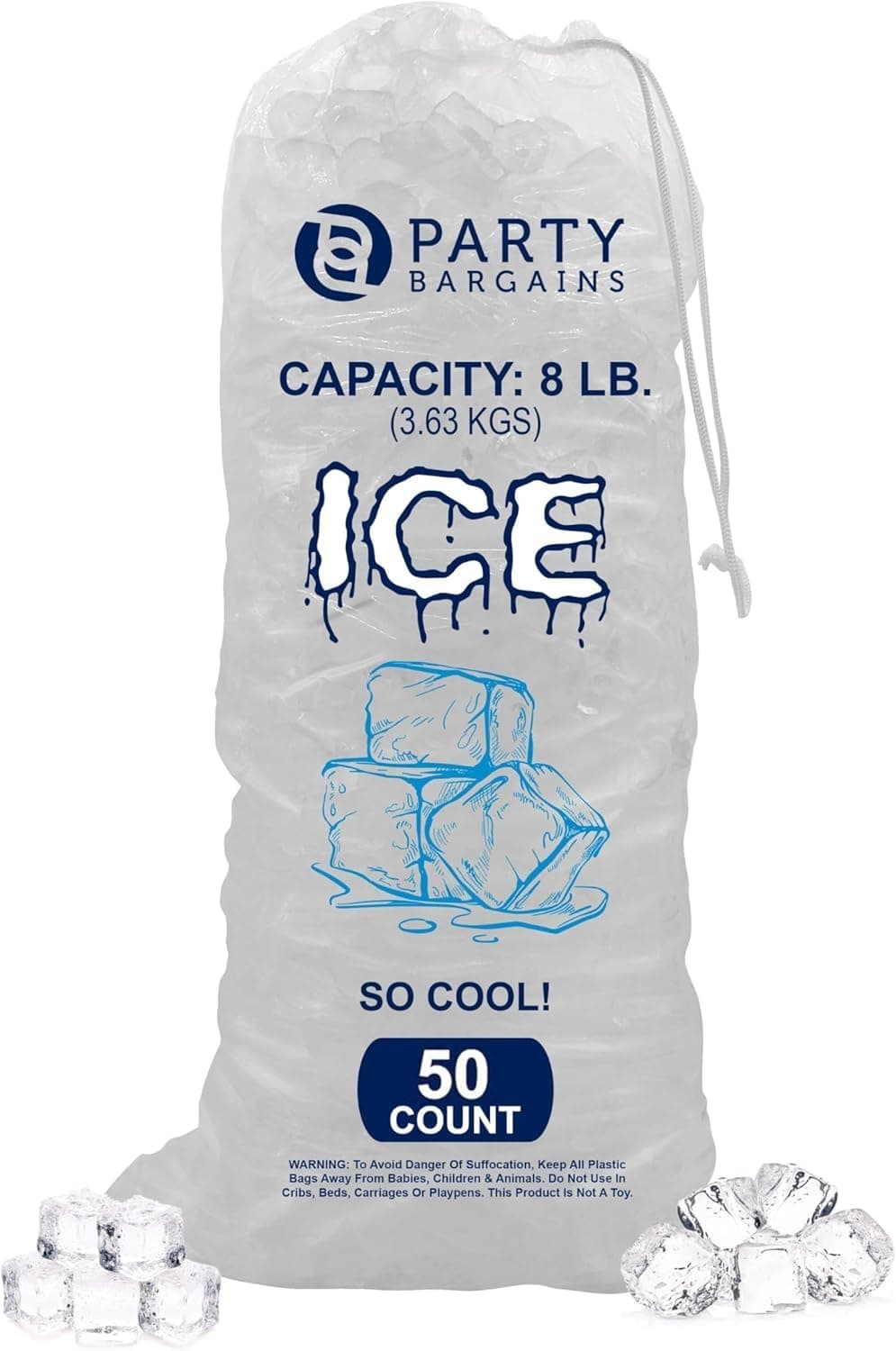 Party Bargains 8 lb Plastic Drawstring Ice Bags 50 Count 19″ x 11″ Durable Heavy Duty Ice Storage Bags for Parties Catering Coolers Outdoor Events