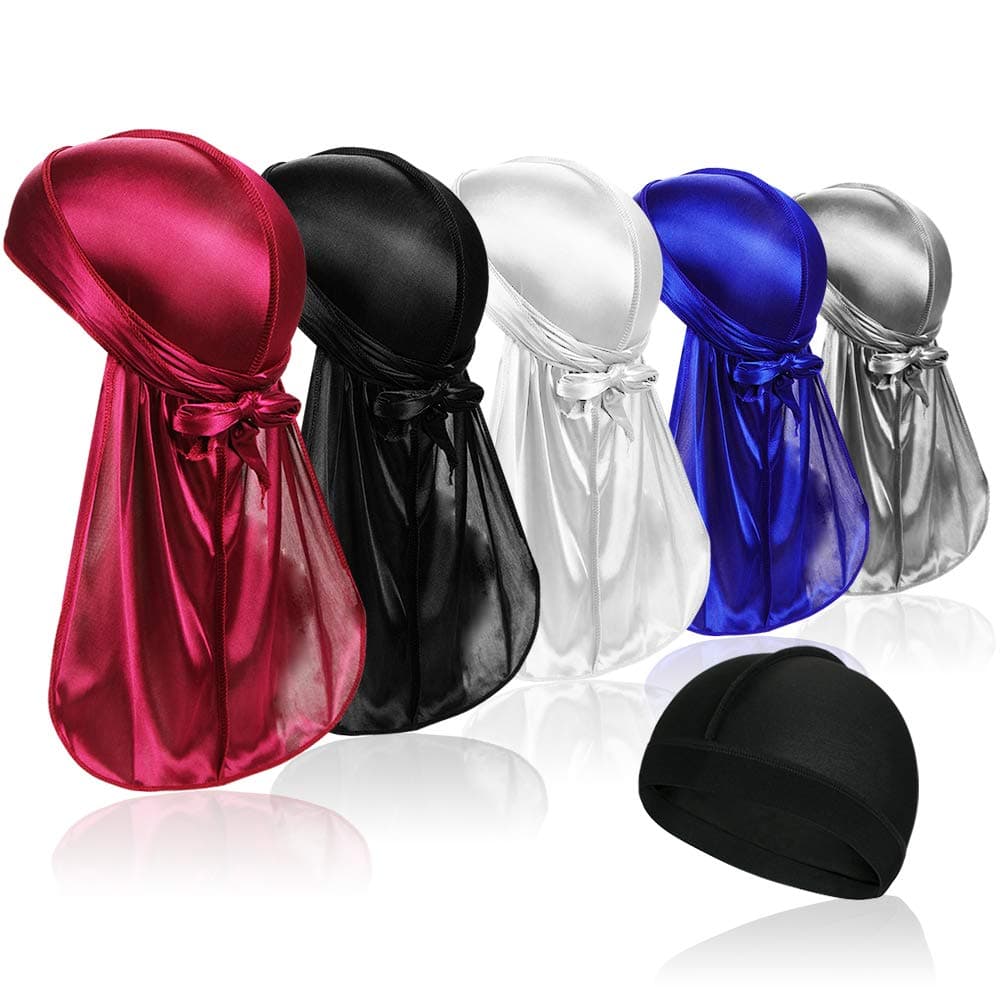 5 Pcs Silky Durag Caps Headwraps with Long Tail and 1 Piece Silk Wave Cap Perfect for Men 360 Waves