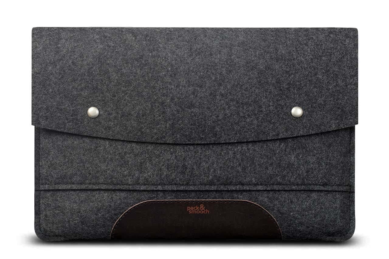 Pack & Smooch MacBook Pro 16 Case (2019-2023) - 100% Merino Wool Felt and Pure Vegetable Tanned Leather Made in Germany - Dark Gray/Dark Brown