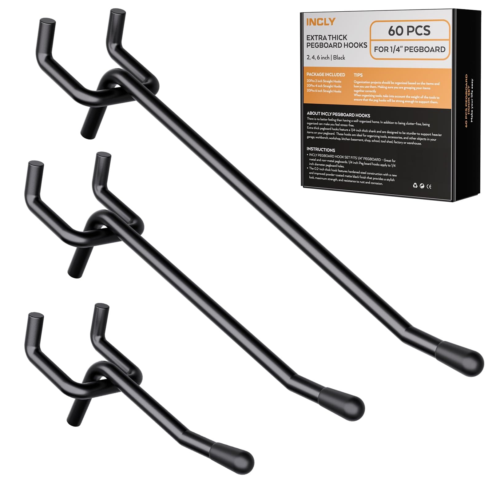 INCLY 60 Pack 2/4/6 Inch Black Pegboard Hooks, 1/4" Heavy Duty Peg Board Shelving Hooks Accessories, Peg Board Tool Hangers Fit for 1/4" Pegboard Hanging Tools Garage, Craft Organizing, Kitchen, Store