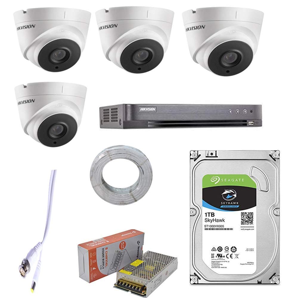 HIKVISION Full HD 5MP Cameras Combo KIT with 4CH DVR, 4 Dome Cameras+1TB Hard DISC+ Wire ROLL +Supply & All Required CONNECTORS+DVR by Techno-Krat