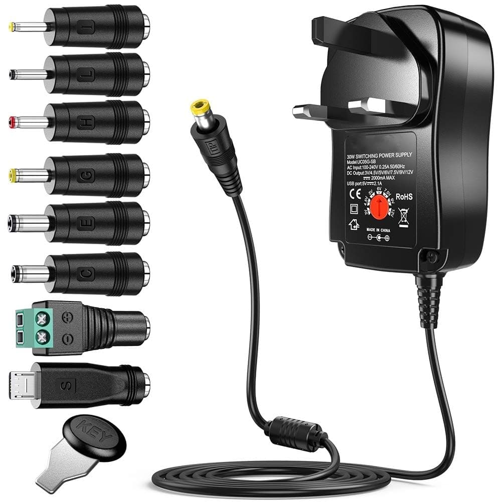 Universal 30W 3V 4.5V 5V 6V 7.5V 9V 12V AC/DC Adapter Switching Power Supply Charger PSU with 8 Selectable Adaptor Tips for 3V-12V Household Electronics and LED Strip - 2000mA Max