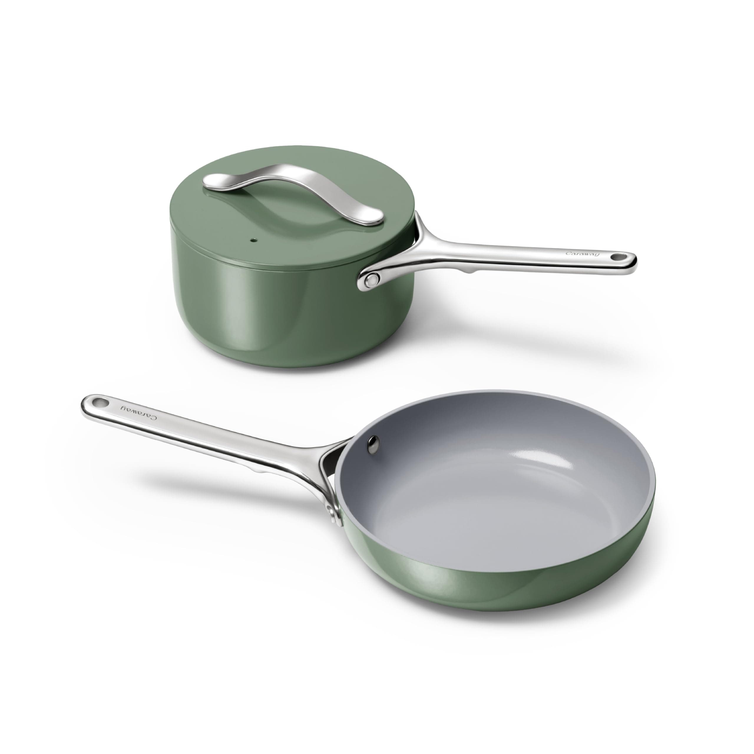 - Caraway Mini Cookware Set - Non-Stick Ceramic Fry Pan (1.05 qt, 8") Sauce Pan (1.75 qt) & Storage Rack - Non Toxic, PTFE & PFOA Free - Oven Safe & Stovetop Agnostic (Gas, Electric & Induction) - Sage