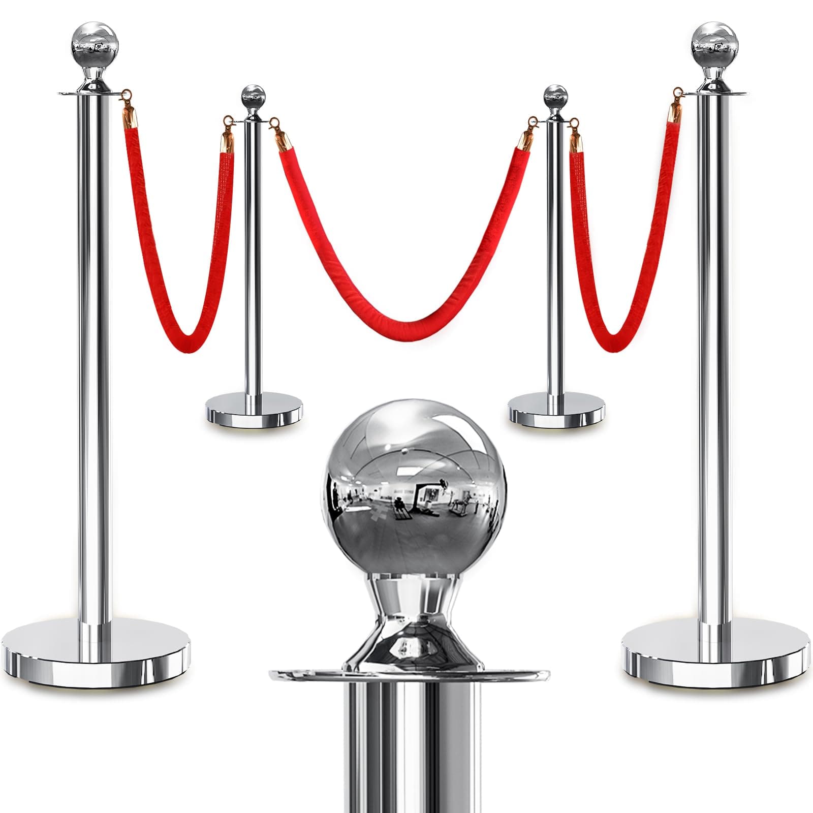 4PCS Silver Stanchions Posts with 3PCS 5 ft Red Velvet Rope, Red Velvet Rope Stanchion Set Crowd Control Barriers, Stanchions and Velvet Ropes Red Carpet Poles for Party Supplies