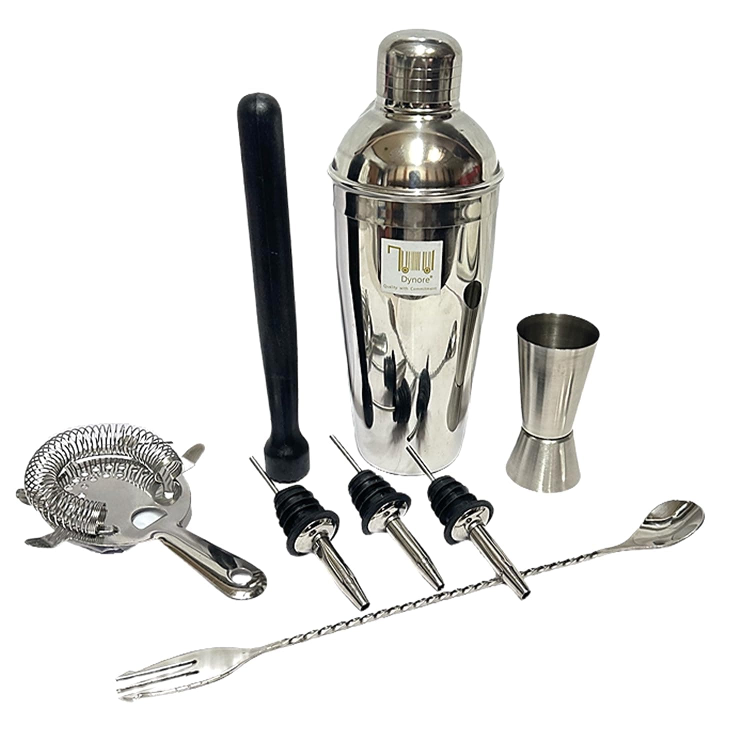 Dynore Stainless Steel 8 Pcs Multiutility Bar Set- Fork Bar Spoon, Delux Cocktail Shaker 750 ml, Black PVC Muddler, Cocktail Strainer, Tall Peg Measure 30/60 ml, 3 Wine Pourer Set of 8