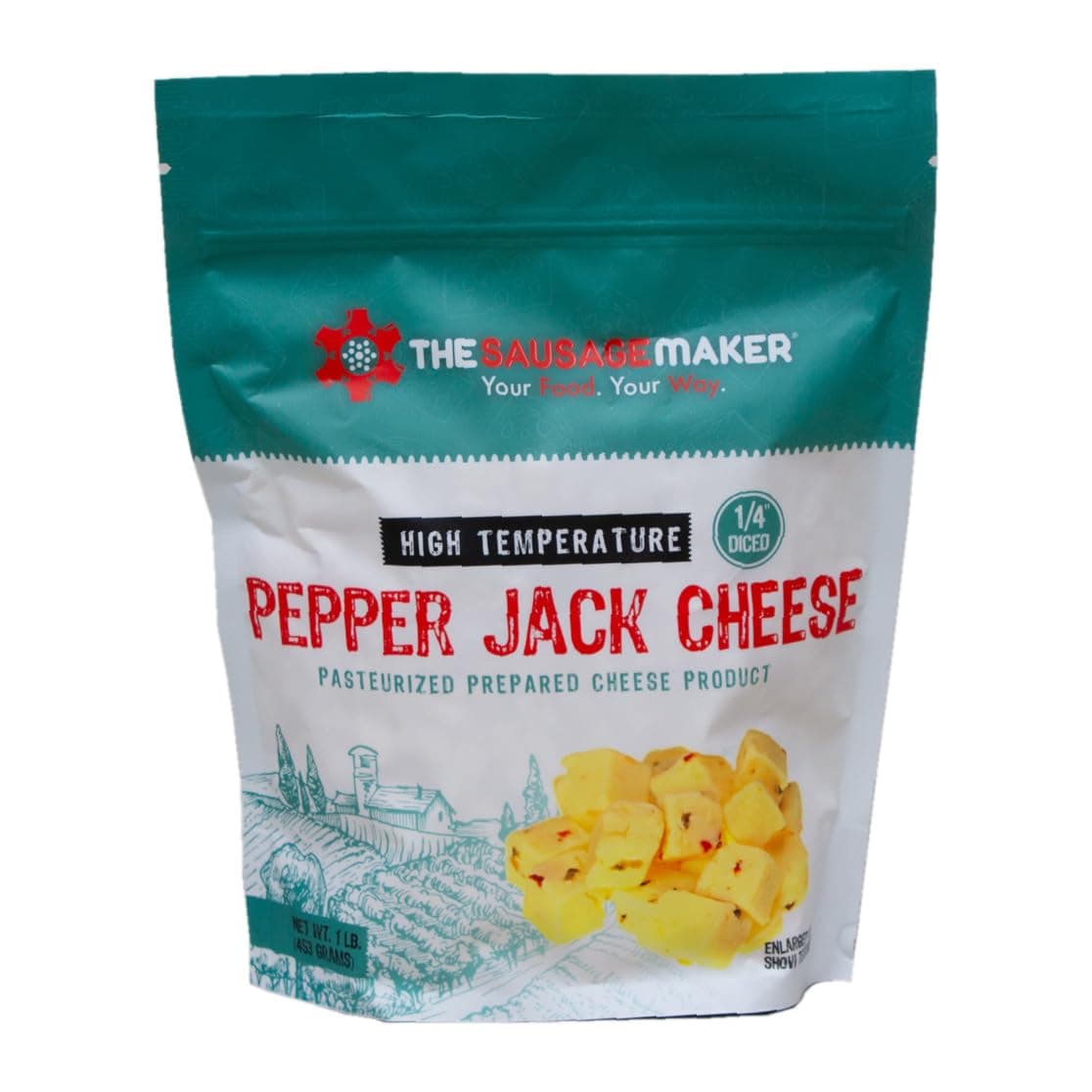 The Sausage Maker High Temp Pepper Jack Cheese 1 lb for Sausage Making, 1/4 inch Diced Cube, 400° Temperature High Heat Cheese for Grilling, Salami, Snack Sticks, Summer Sausage - 1 Pound (Pack of 1)