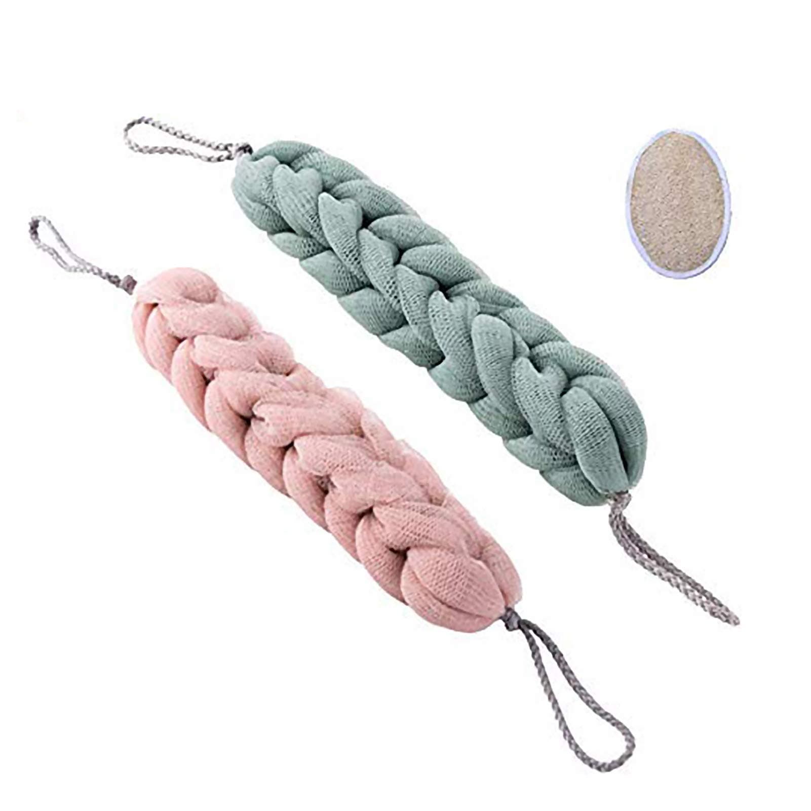 Bamyko Back Scrubber Bath Shower Mesh Sponge Exfoliating Body Scrub Braided Loofah Stretch 2 Pack + Loofah Pad