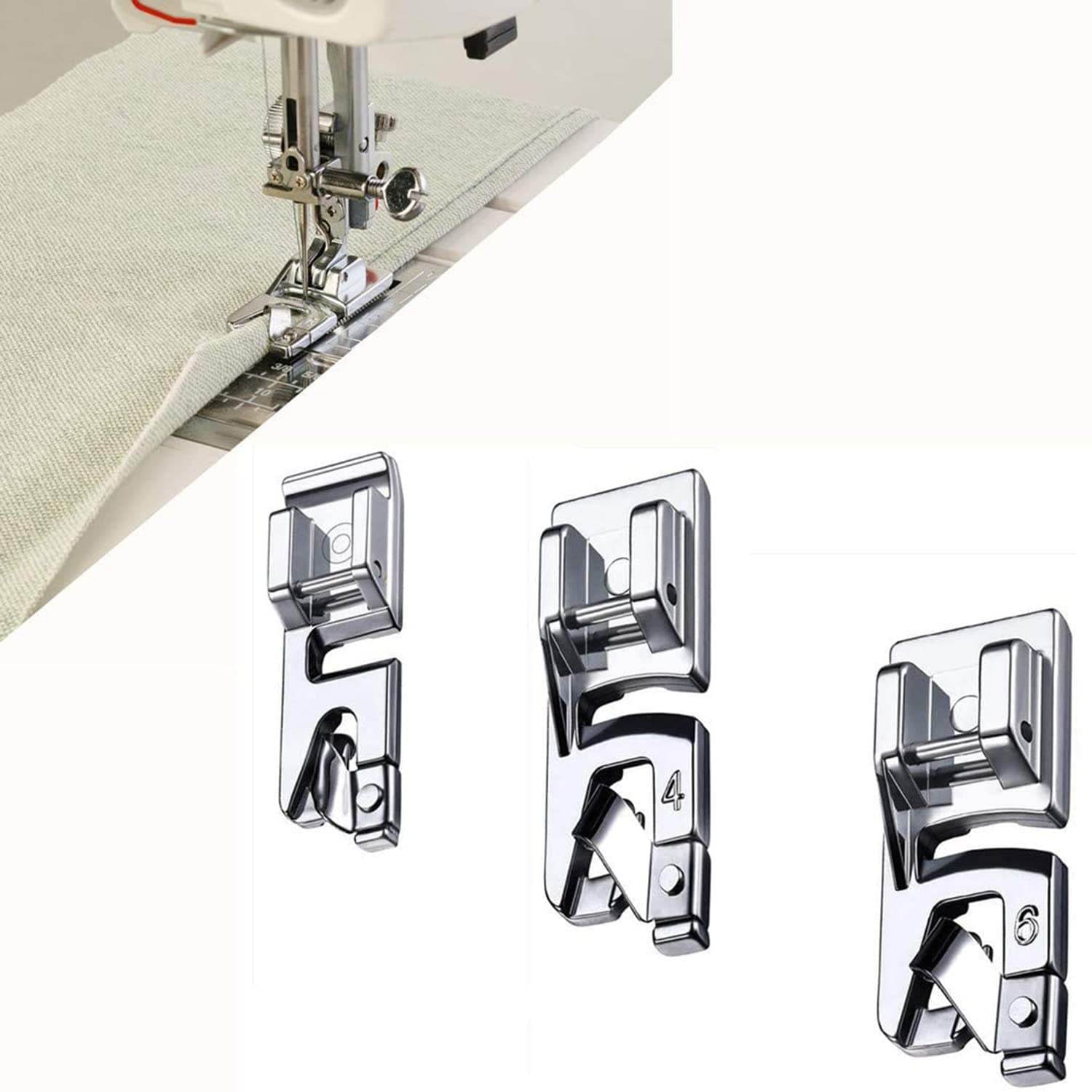 Elecdon 3 Sizes Rolled Hem Foot Mm, 4 6 Mm Hemmer Foot, Hemming Kit, Sewing Feet Presser Machine Suitable For Household Multi-Function Machines
