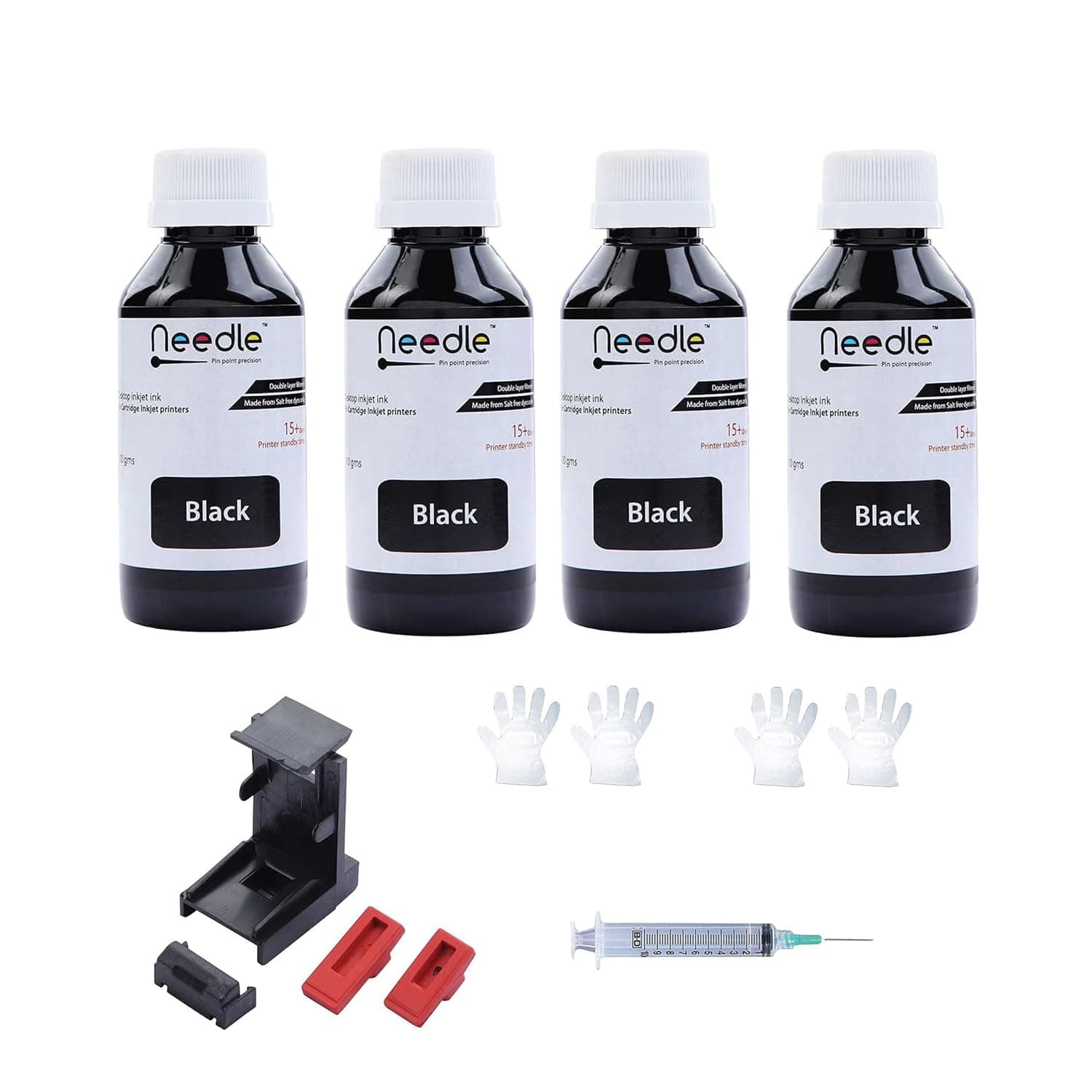 needle ; Pin point precision 4 x Black Refill Kit with Suction Tool Combo Pack of High Yield Inkjet Cartridge Ink Refill Compatible for HP and Canon Cartridge Printers (4 x Black)