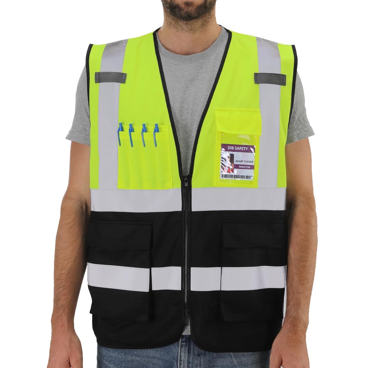 Dib Safety Reflective Vest ANSI Class 2, High Visibility Vest with Pockets and Zipper, Construction Work, Hi Vis, Yellow & Black, L