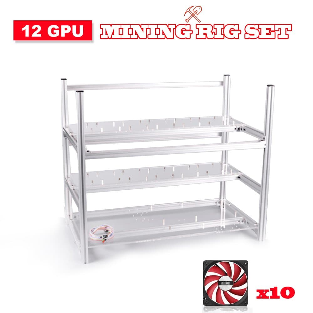 Leboo Air Mining Frame Rig Stackable Frame 12 GPU with 10 Fans for ETH BTC -Silver