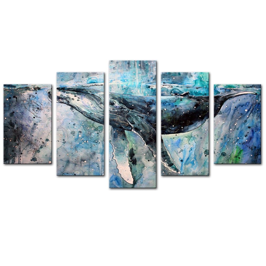 MOCO ART Abstract Multiple Whale Canvas Wall Art Decor Paintings Ocean Pictures Framed Stretched Blue Prints Ready to Hang Home Decorations 5 Panels