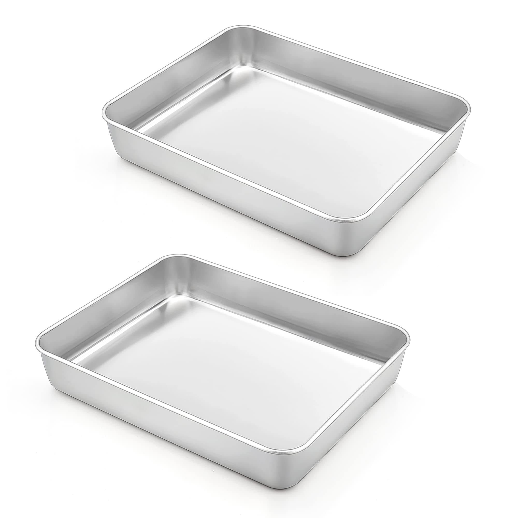 TeamFar Rectangular Cake Pan, 9.3'' x 7'' Stainless Steel Small Toaster Oven Baking Roasting Cake Lasagna Pan, Non-Toxic & Heavy Duty, 2 Inch Deep Side & Dishwasher Safe, 2 PCS