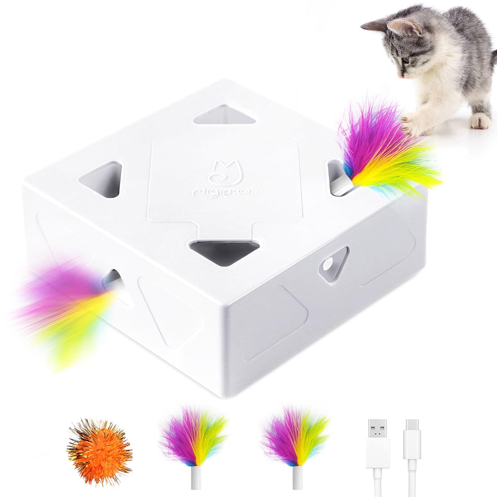 cat toys, interactive automatic 7-hole-mouse MigiBox, intelligent feather kitten toy, Cardboard toy for bored cats, Rechargeable, 5ps Accessories