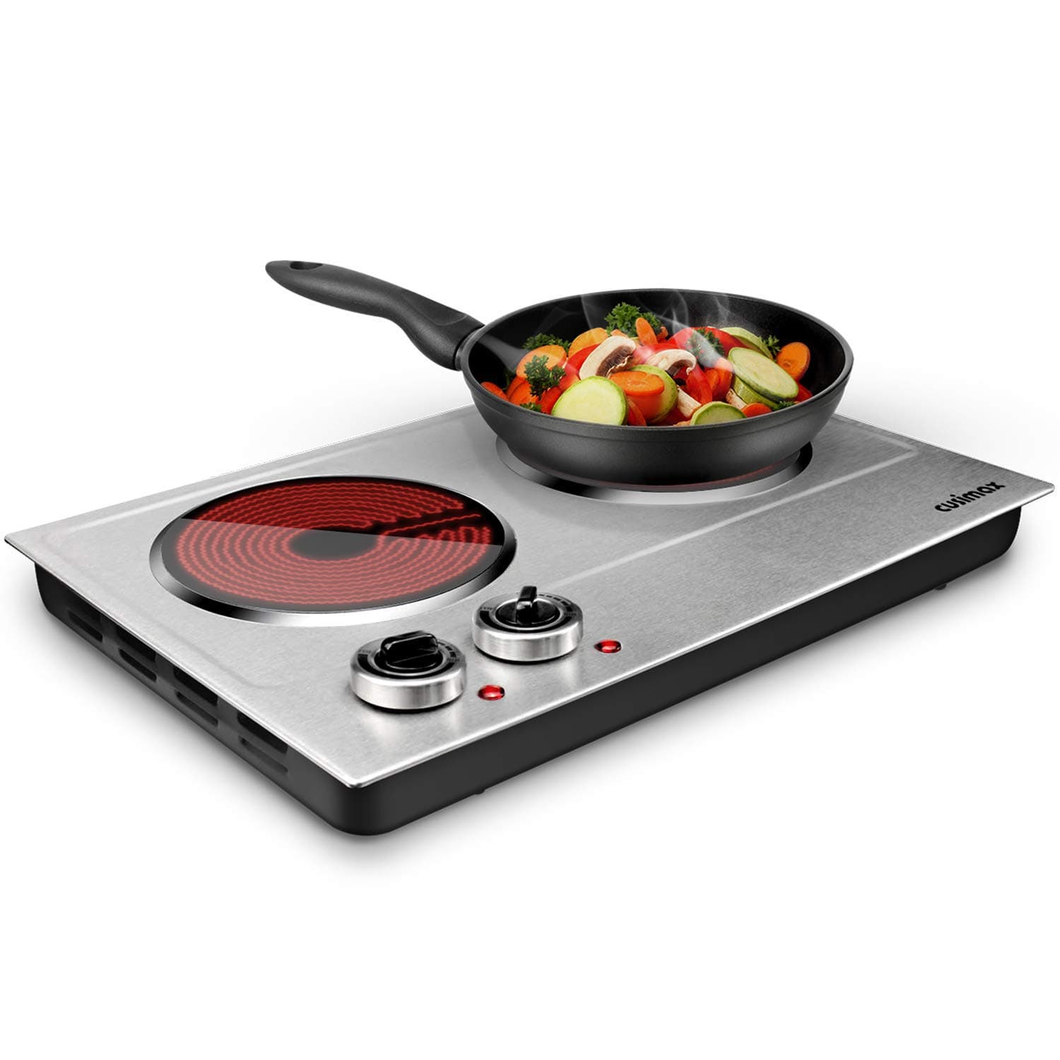 1800W Ceramic Electric Hot Plate for Cooking, Dual Control Infrared Cooktop, Double Burner, Portable Countertop Burner, Glass Plate Electric Cooktop, Silver, Stainless Steel-Upgraded Version