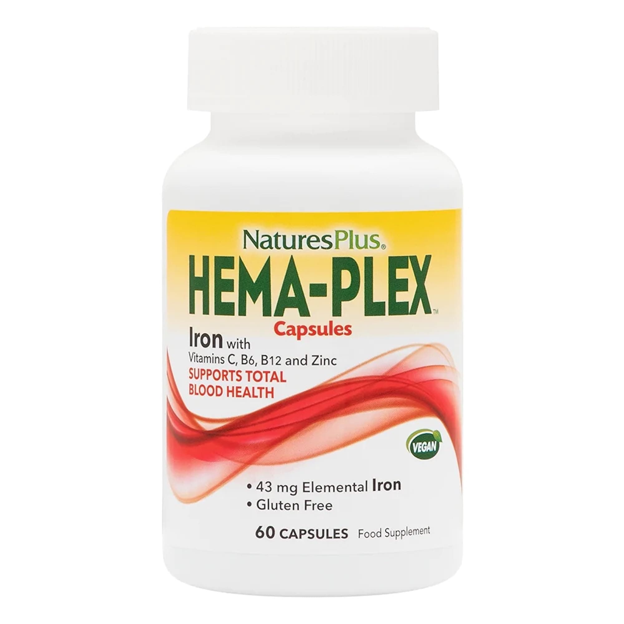 NaturesPlus Hema-Plex Iron - 60 Fast-Acting Capsules - 85 mg Chelated Iron - Total Blood Health - with Vitamin C & Bioflavonoids - Vegan, Gluten Free - 30 Servings