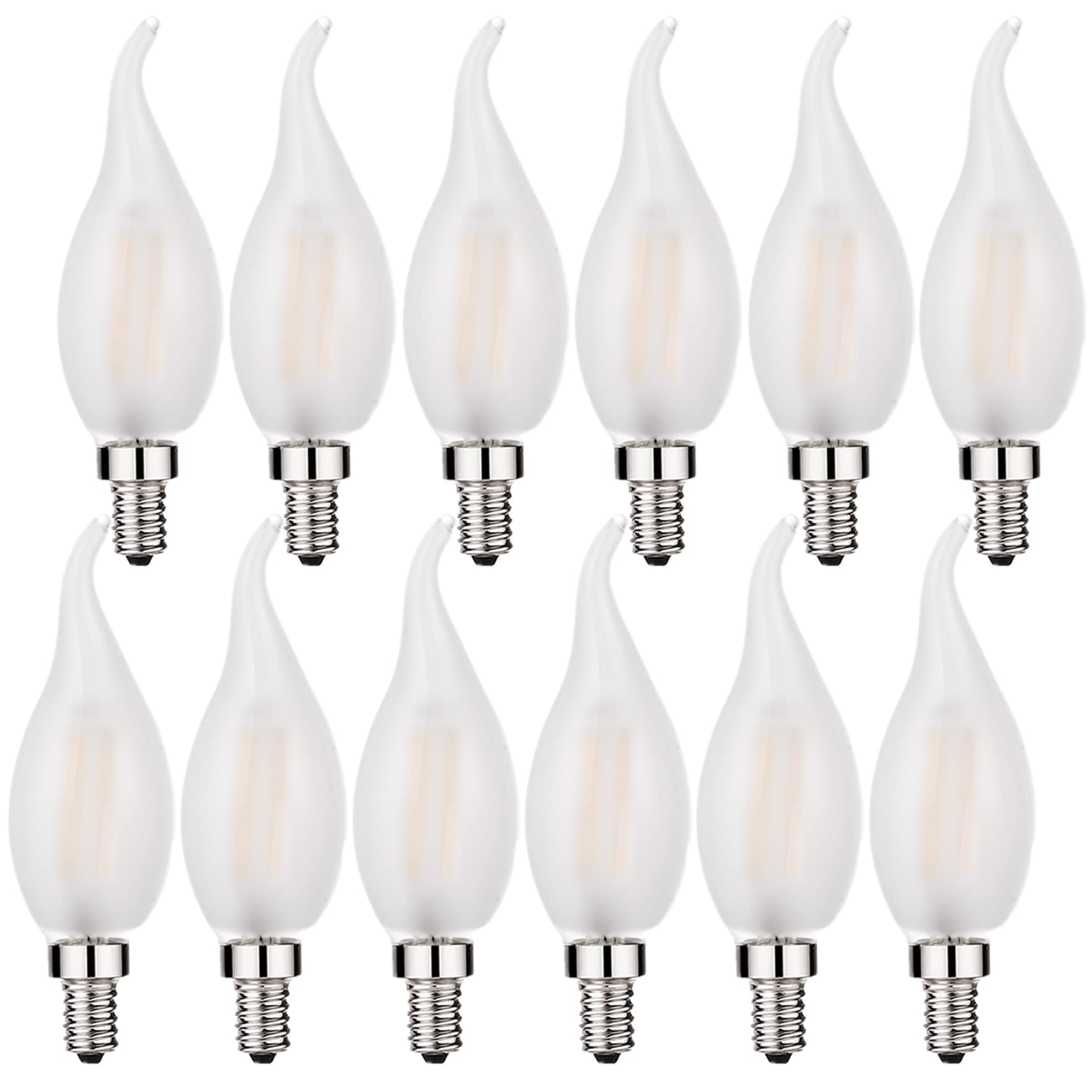 LED Candelabra Bulb 25W Equivalent 3000K Soft White Flame tip Frosted Glass 2W LED Filament Bulb E12 Base Decoration E12 LED Bulb Dimmable 12 Pack
