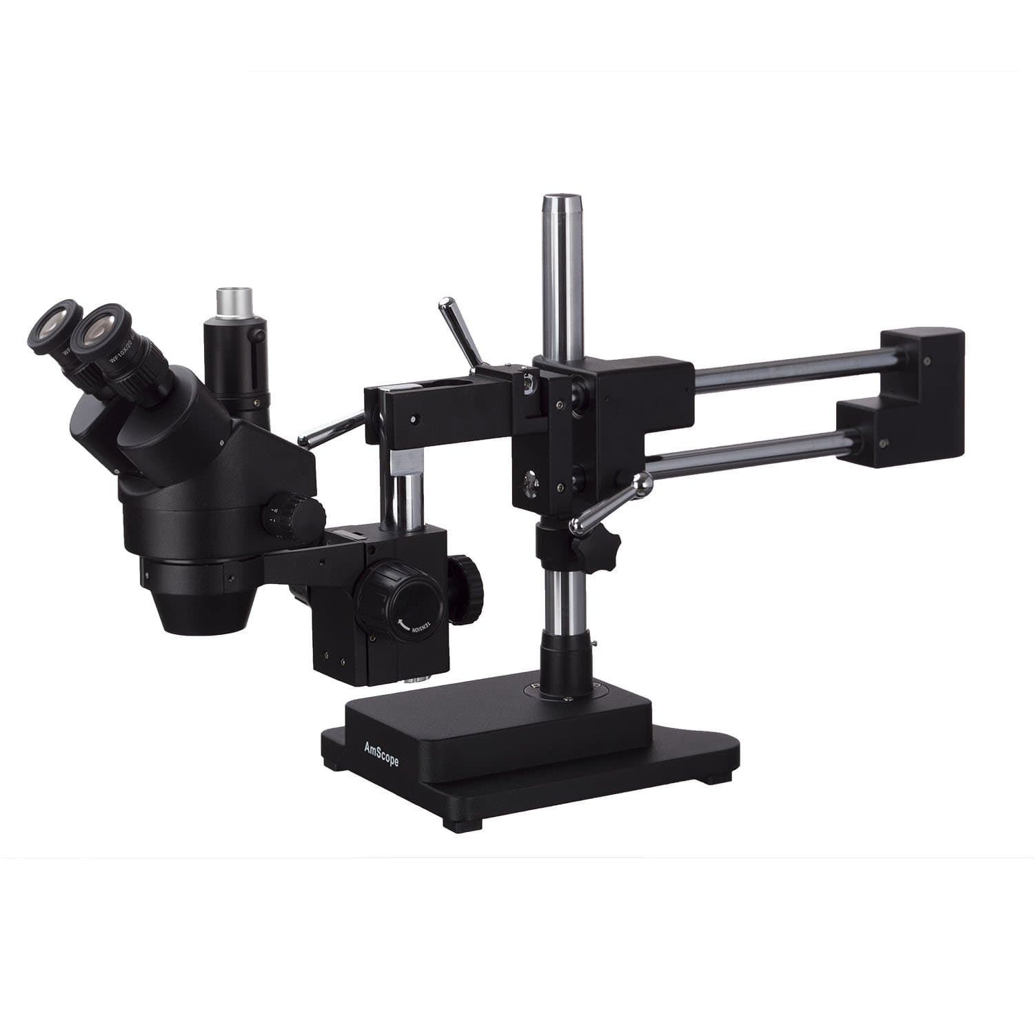 AmScope 7X-135X Trinocular Stereo Zoom Microscope with Black Double Arm Boom Stand