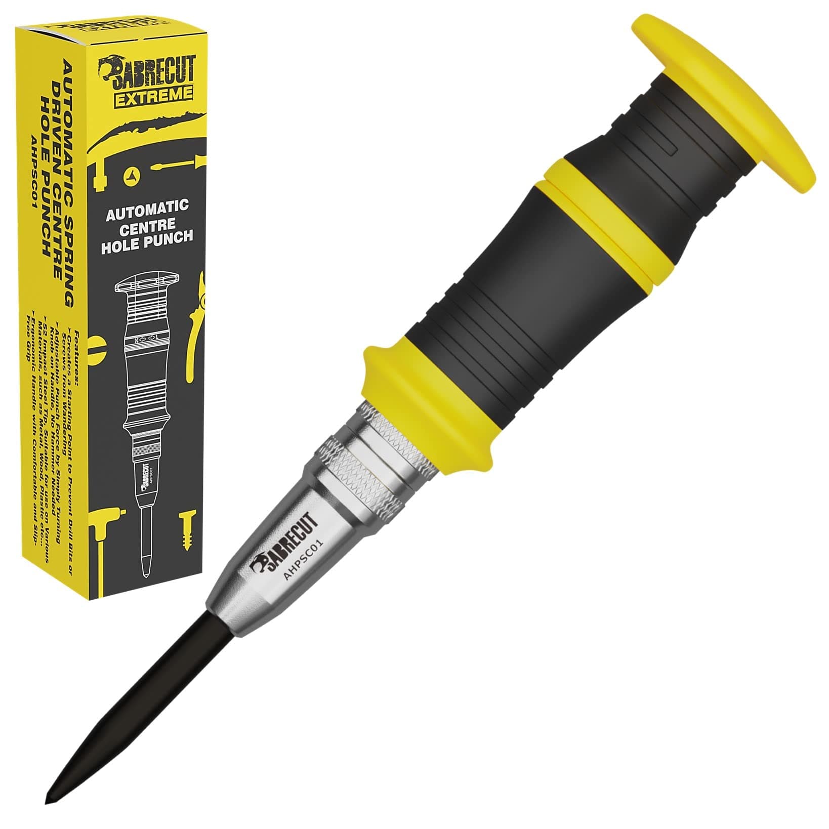 SabreCut 1 Piece AHPSC01 Heavy Duty Automatic Spring Driven Centre Hole Punch with Adjustable Strike Force 60-140 Newtons Suitable for Metal Wood Plastic and Many Other Materials