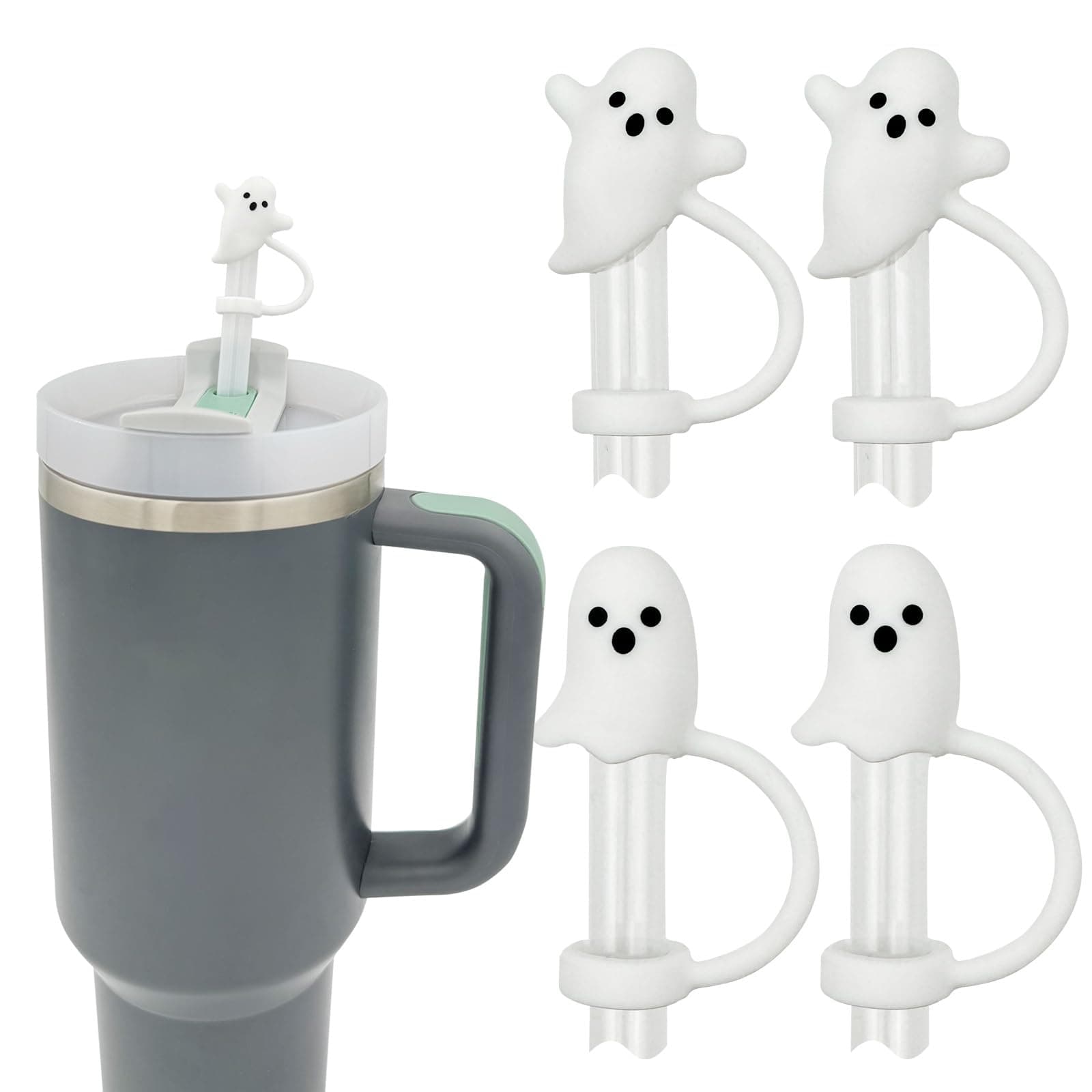 Cute Ghost Straw Covers Cap Compatible with Stanley Cup 30 40 oz, 4PCS Silicone Reusable Drinking Straw Topper, Funny Tumbler Accessories Halloween Decorations Gifts Boo Basket Items Essentials