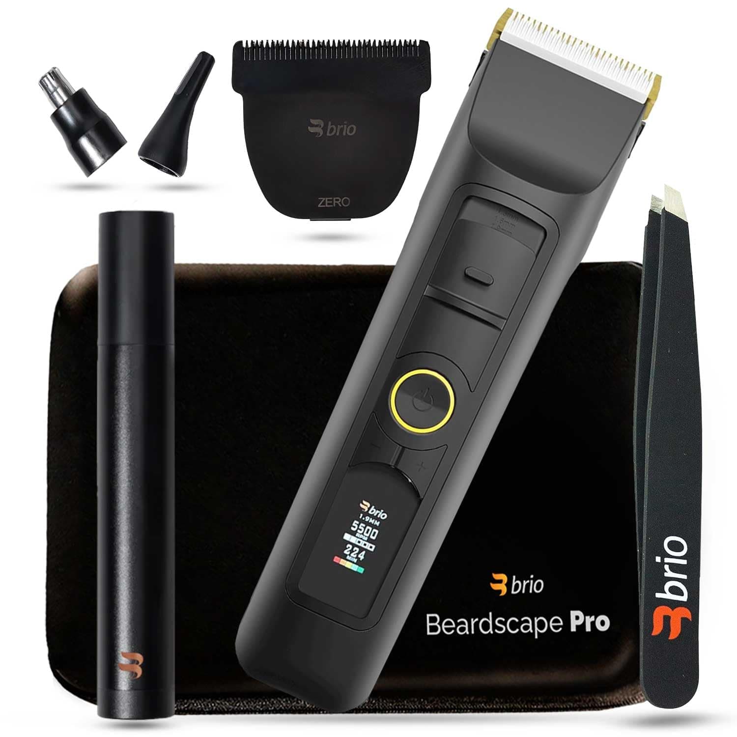 Brio Beardscape V2 Black Bundled with Zero Blade, Nose Trimmer, Tweezer & Pro Travel Case, Featuring Adjustable Ceramic Blade & Length Guards, a Complete Kit for All Your Grooming Needs
