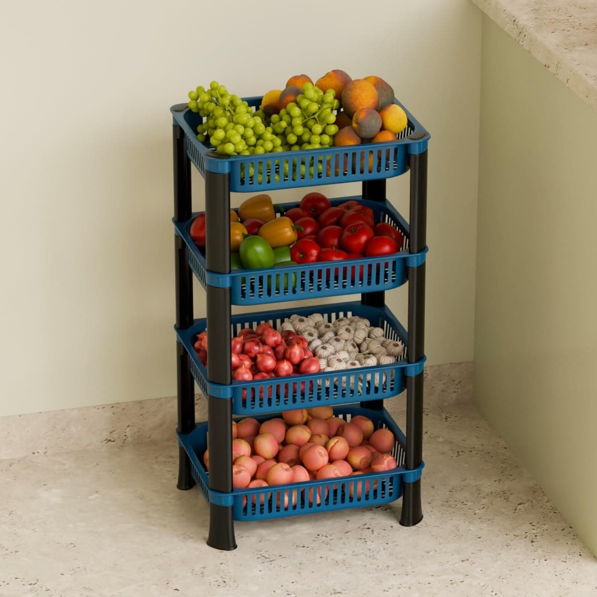 4-Layer Multipurpose Plastic Kitchen Storage Rack | Vegetable Basket Organizer | Stackable Storage Stand for Home, Pantry, Bathroom, Office – Durable Space-Saving Shelf (Blue)