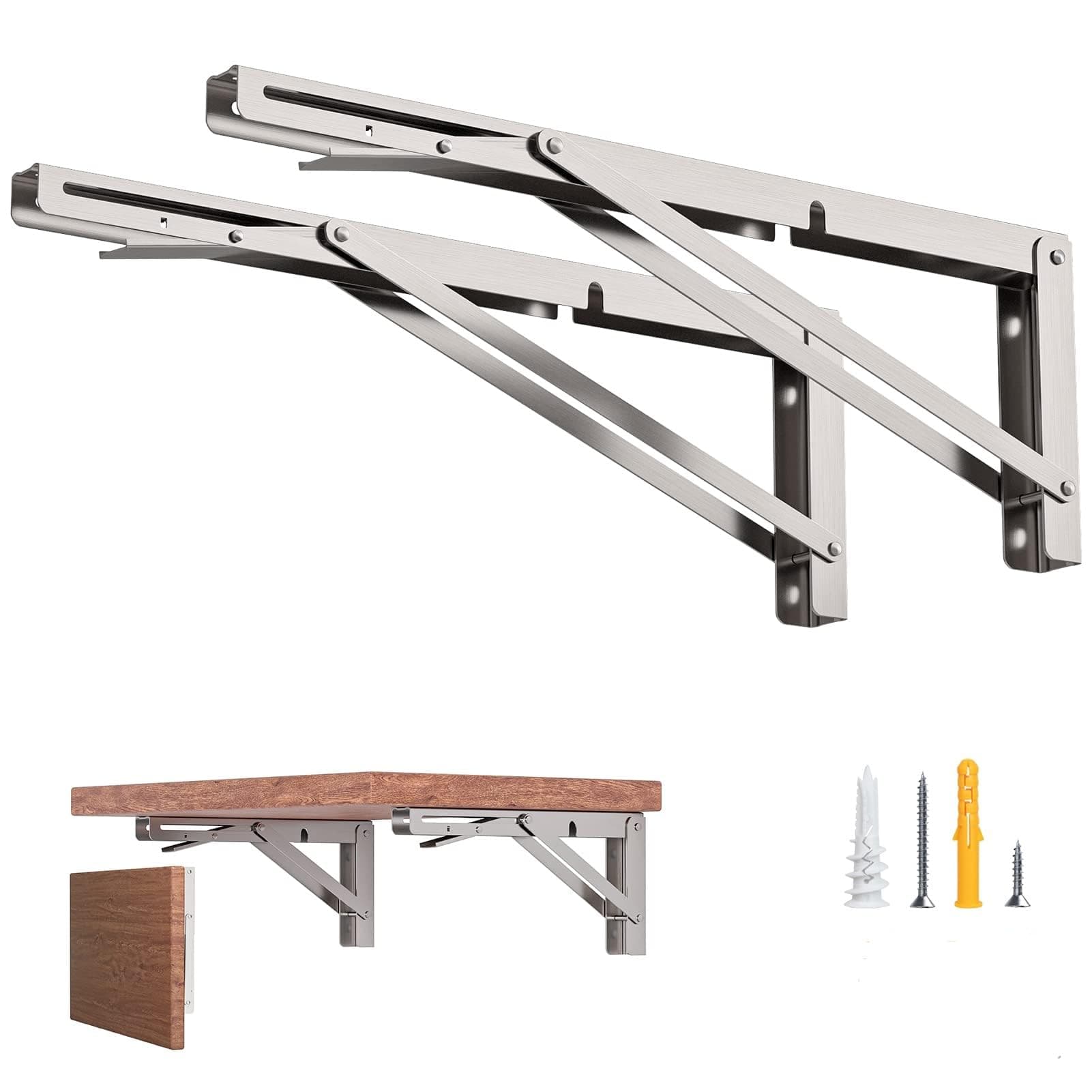 8-Inch Foldable Brackets for DIY Folding Shelves or Tables, L Shelf Brackets Collapsible, Heavy Duty Stainless Steel, Max Load 300lbs, Silver, 2 Pcs