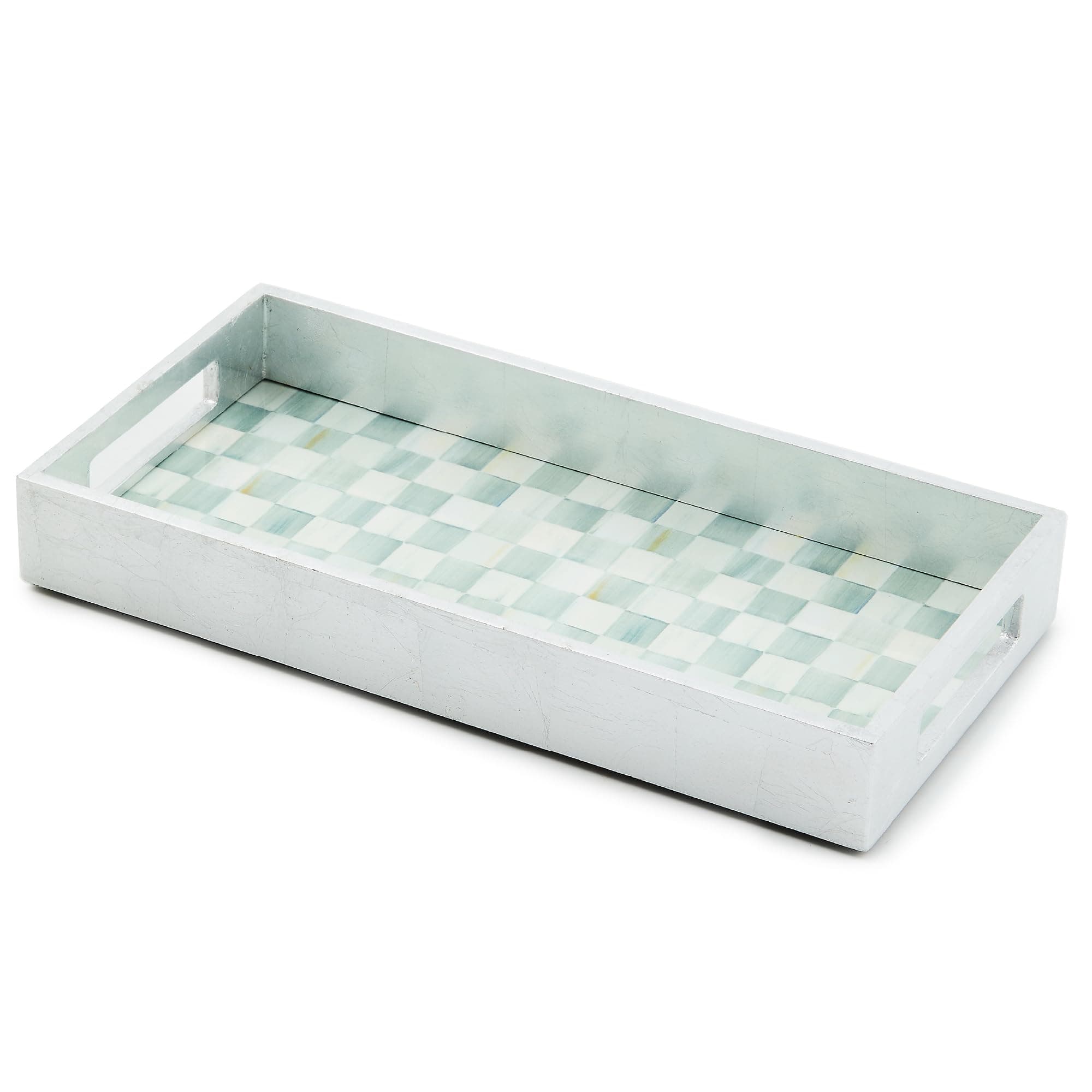 MACKENZIE-CHILDS Lacquer Vanity Tray with Handles, Rectangular Tray for Dresser and Home Decor, Gray-and-White Sterling Check