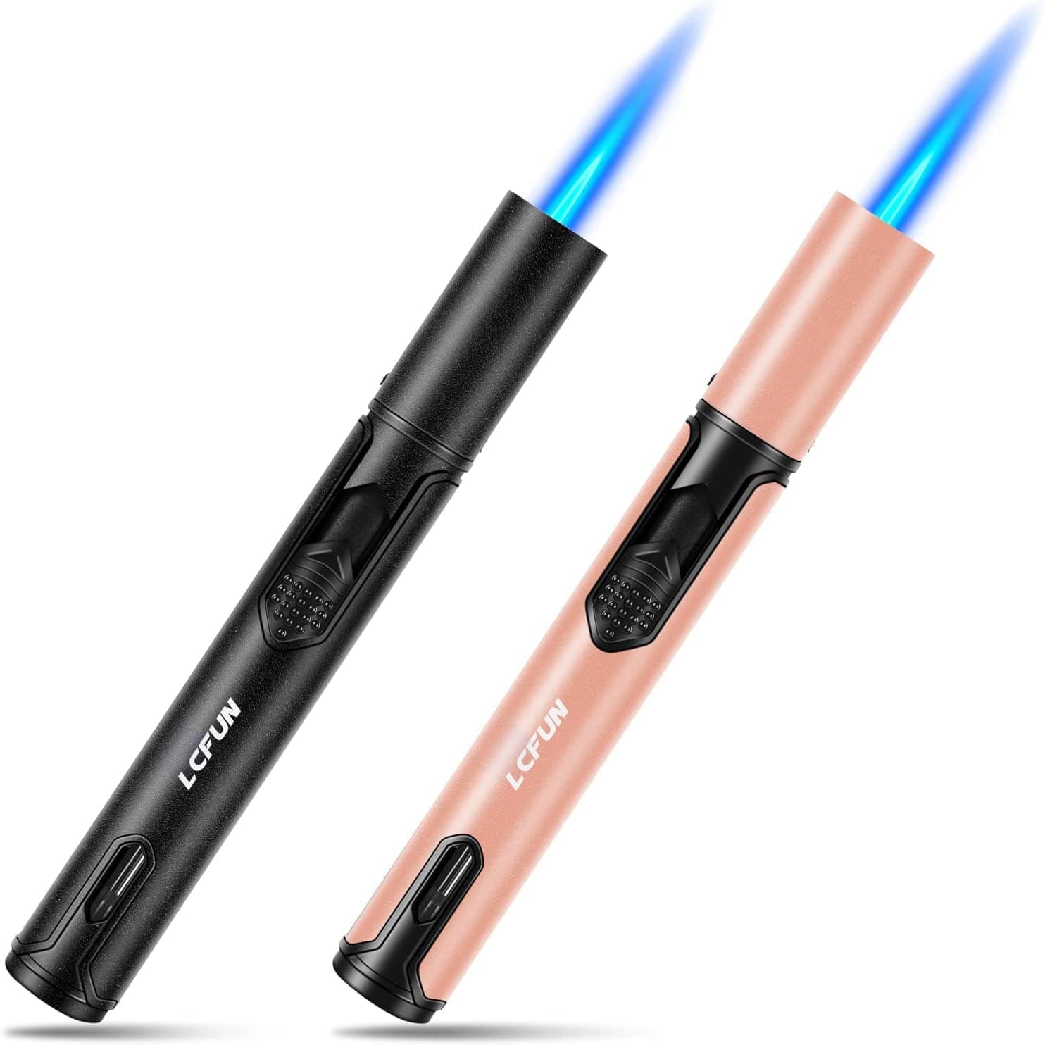 Jet Torch Lighter 2 Pack,Butane Gas Lighter Refillable with Fuel Window,Long Reach Windproof Lighter Adjustable Jet Flame for Candle,BBQ,Kitchen Cooker,Stove(Butane NOT Included) (Black & Champaqne)