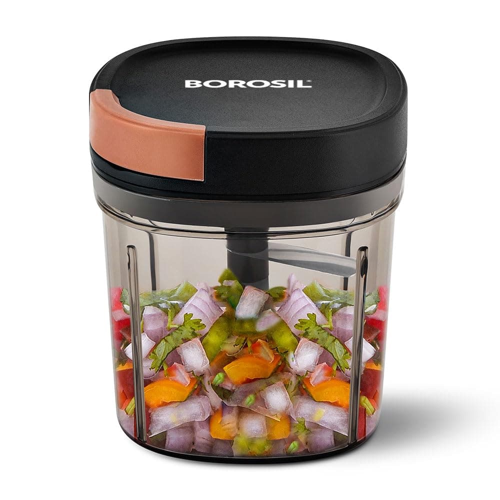 Borosil EazyPull Chopper with 6 Blades, Pull Chopper with Durable String, Mini Chopper for Kitchen, for Chopping Vegetables, Leafy Greens & Herbs, BPA-Free, Unbreakable 900 ml Chopping Bowl