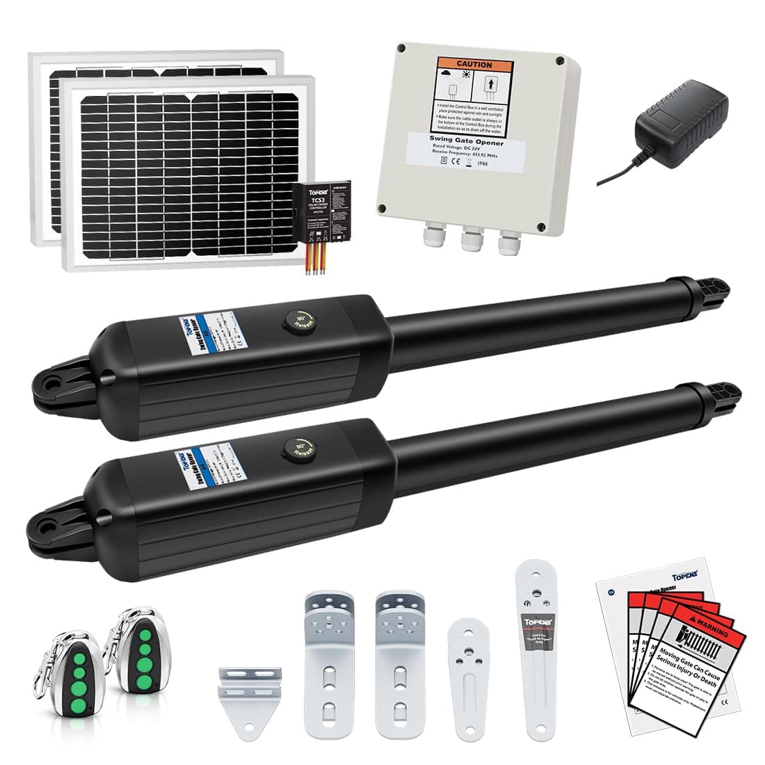 AD8S Automatic Solar Gate Opener for Heavy Duty Dual Swing Gates Up to 18ft per Arm, Dual Swing Gate Operator Battery Powered with Remote Control Kit Gate Motor Solar Panel Included