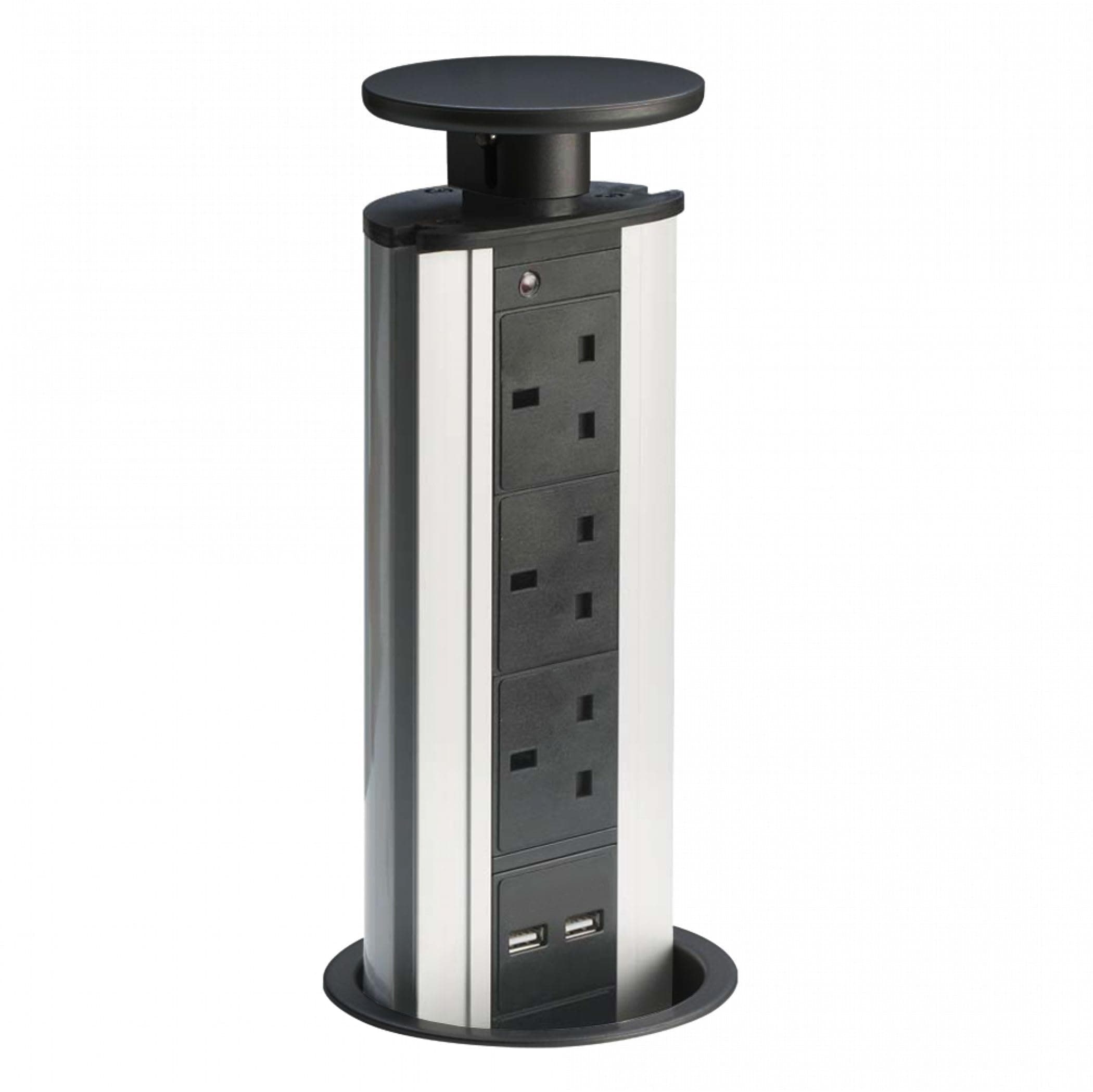 POW-2B 'Powerport' Pop-Up Socket and USB Charger, Includes 3 x UK Plug Sockets and 2 x USB sockets - New Black Modern Top Finish