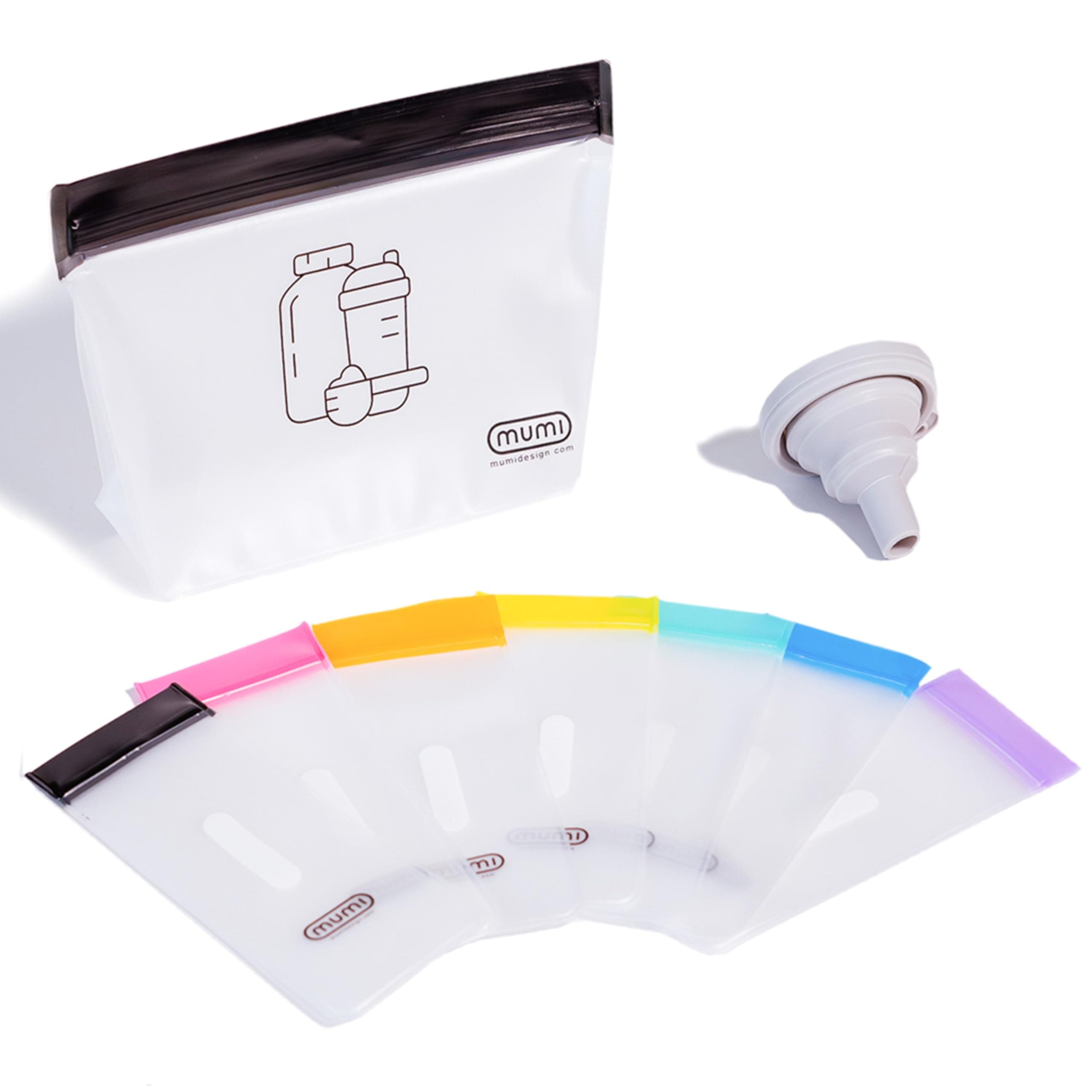 MUMI Single Dose Kit - 7pc (2.36” x 6.14”) Single Dose Reusable Powder Supplement Packets - 8” x 5” Powder Travel Containers Zip Up Bags