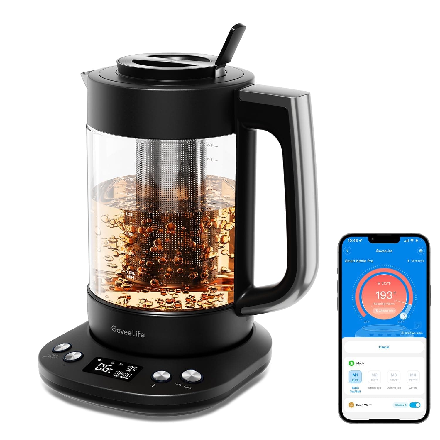 GoveeLife Smart Electric Kettle with Tea Infuser for Loose Leaf, 1.7 L Electric Tea Kettle with Brewing Program, Variable Temperature Control, 2 H Keep Warm & Auto Shut-Off, BPA Free. Black