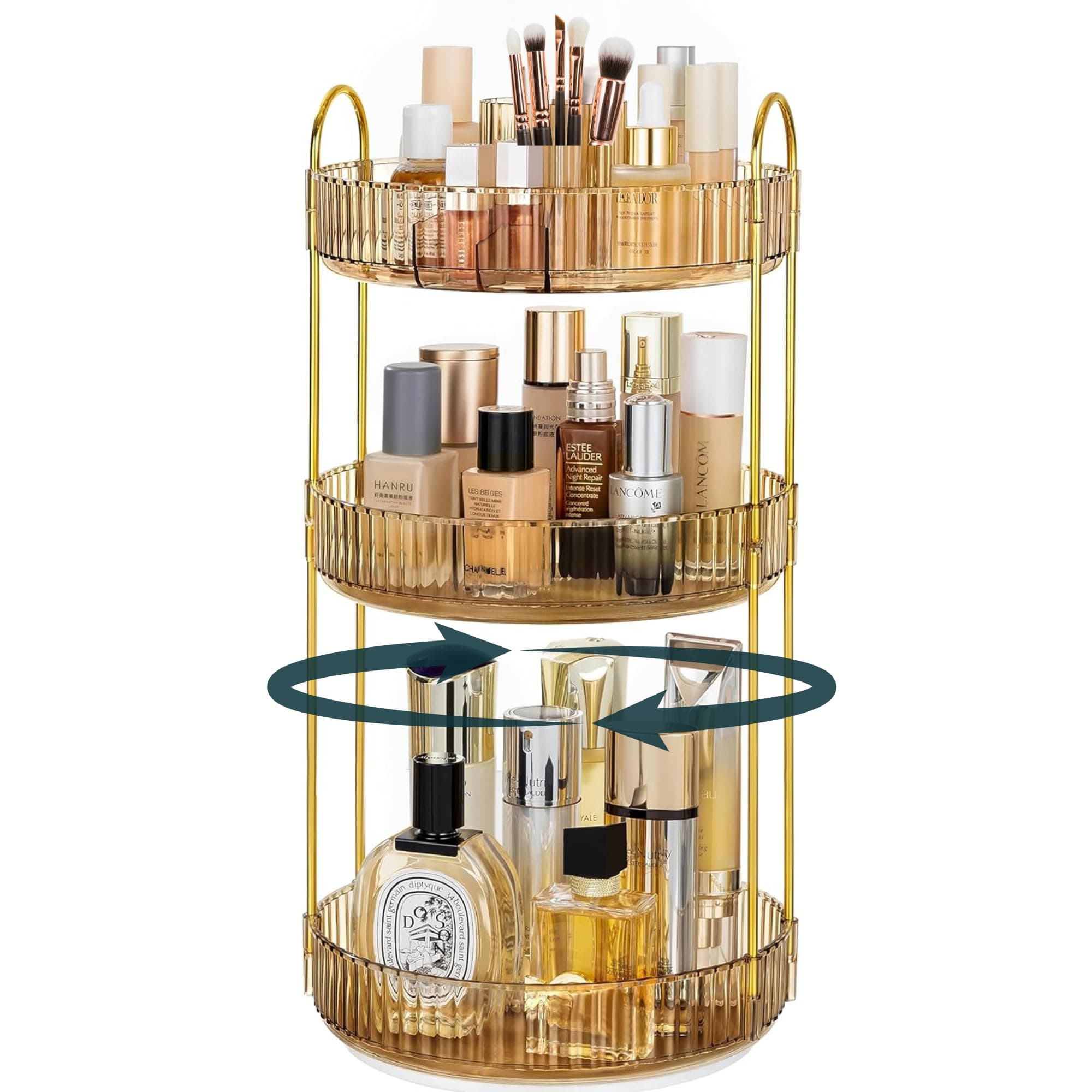 Rotating Makeup Organizer with Makeup Brush Holder, Save 80% of Vanity Space with Luxury Cosmetic Organizer 3 Tier, 360° Spinning Lazy Susan Skincare Organizer Stand, Gold 47x23x23cm