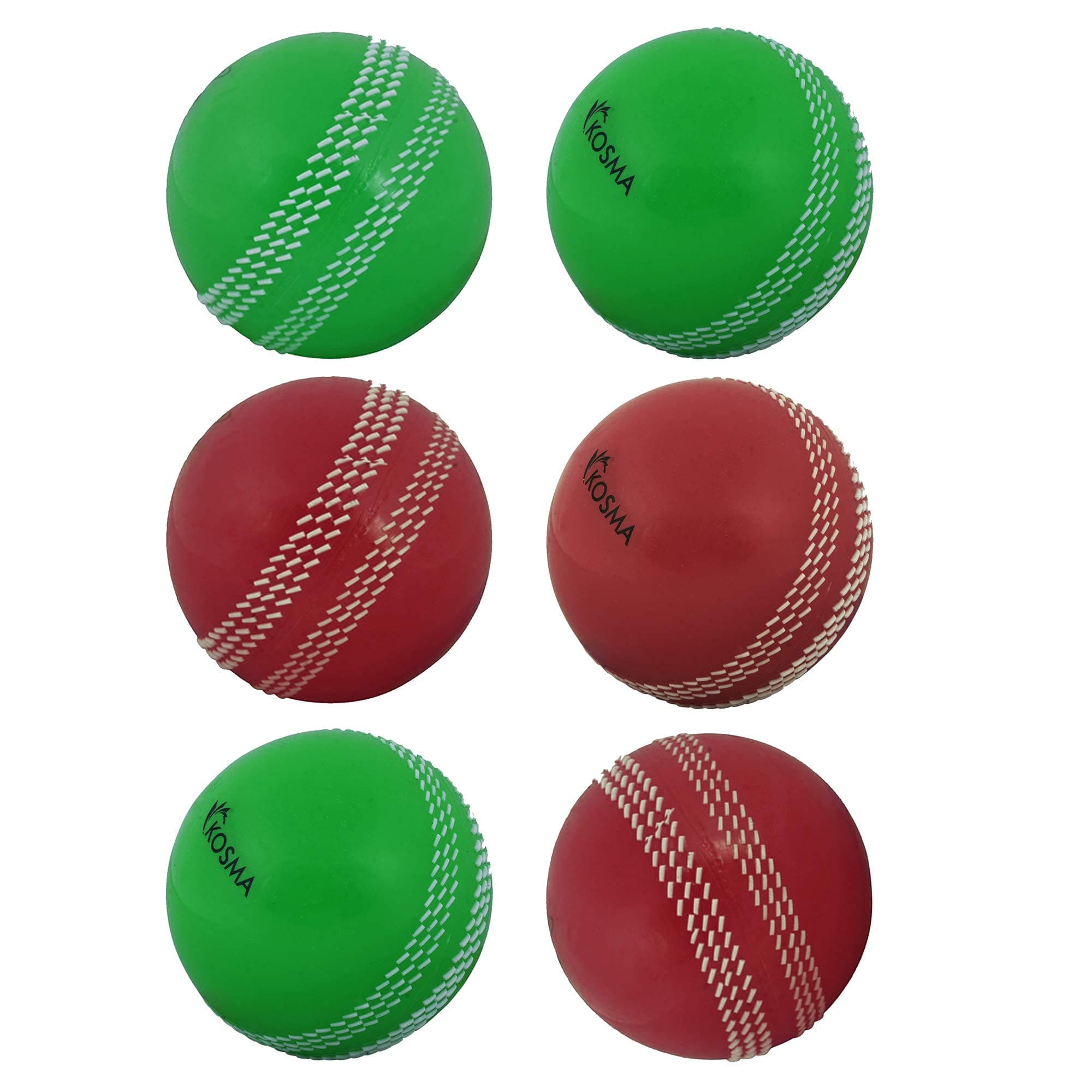 Kosma Cricket Windball with Center Stitching Coaching Grip Marks for Correct Finger Position When Bowling (Pack of 6Pc - 3Pc Each of Green with White seam & Red with White seam)